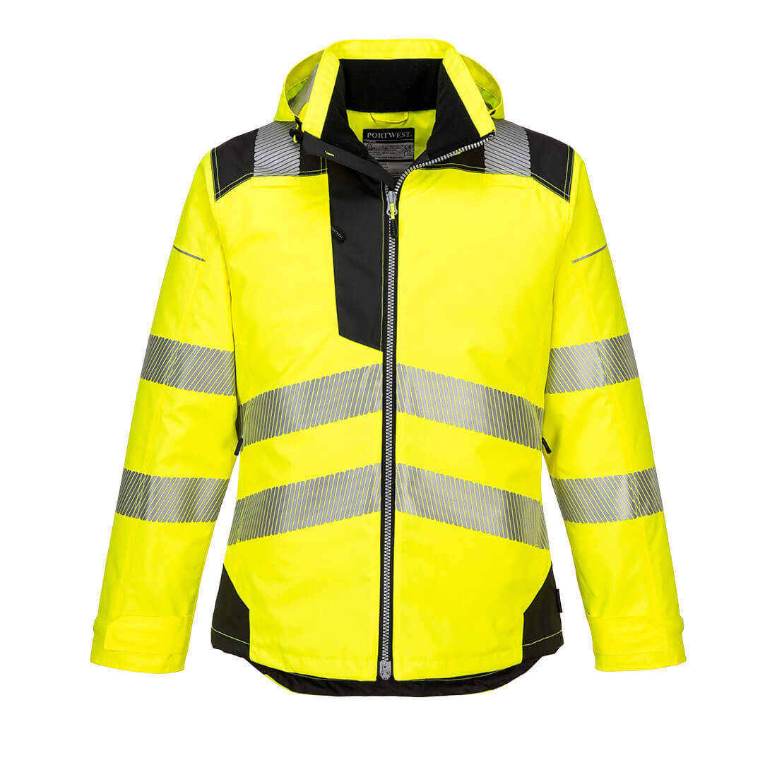 Warnschutz-Regenjacke gelb-schwarz mit Kapuze und Reflexstreifen, vorne