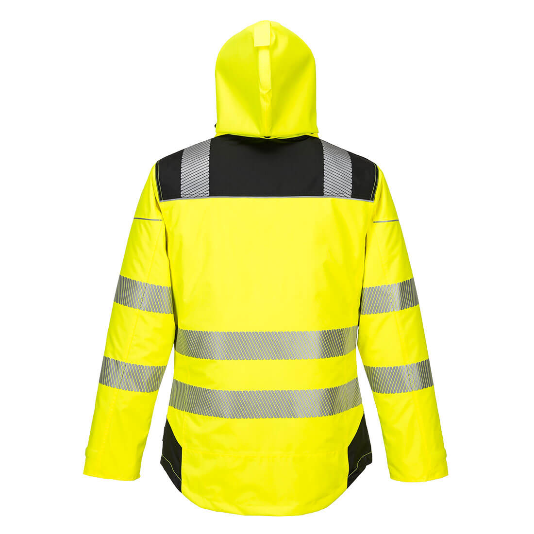 Warnschutz-Regenjacke gelb-schwarz mit Kapuze und Reflexstreifen, hinten
