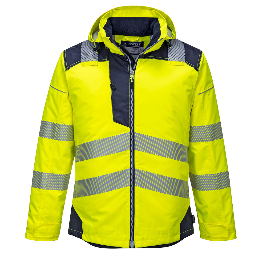 Warnschutz-Regenjacke in Neon gelb mit Kapuze, durchgehendem Reißverschluss und Reflexstreifen