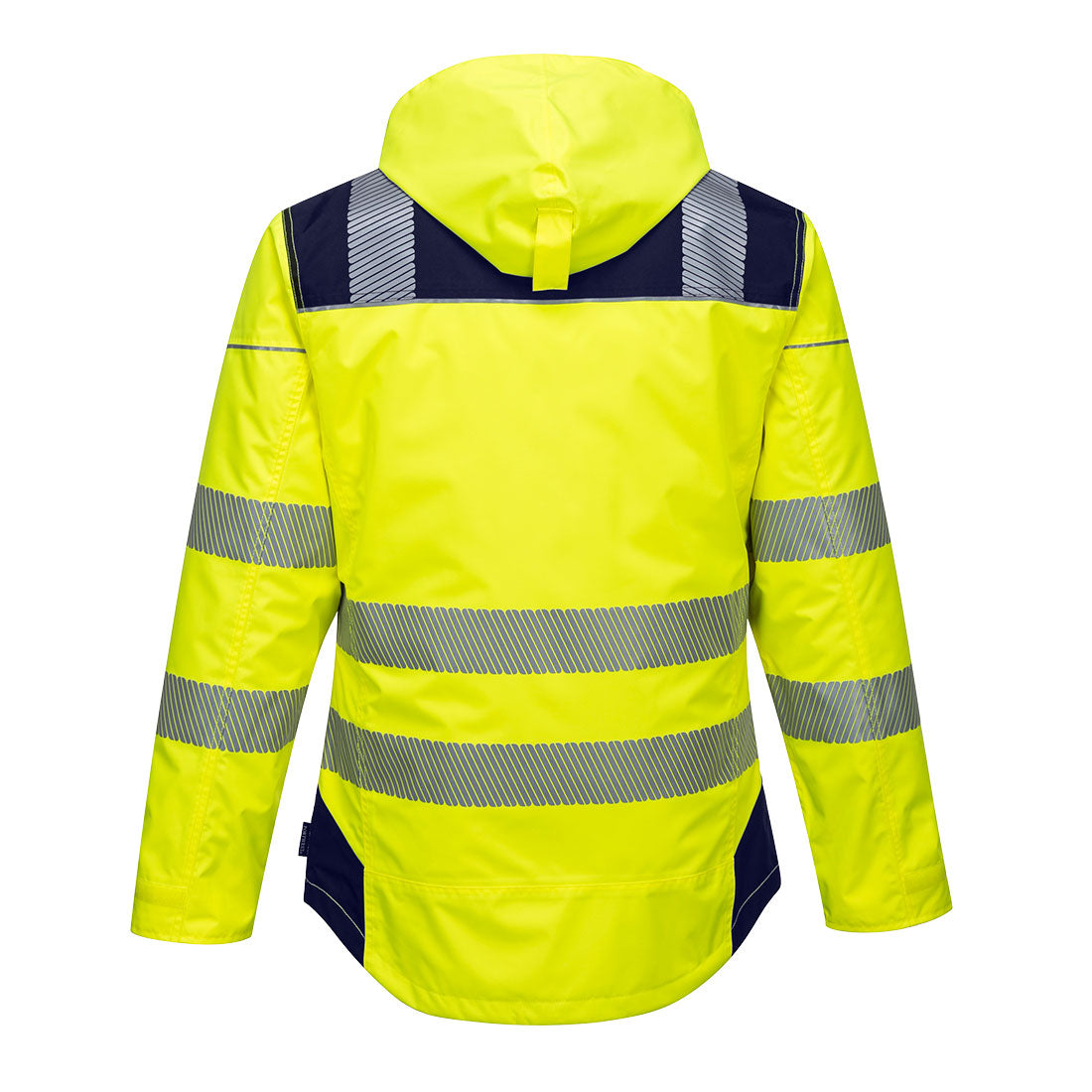 Warnschutz-Regenjacke Neon gelb, Kapuze hinten, breite Reflexstreifen über Brust und Rücken