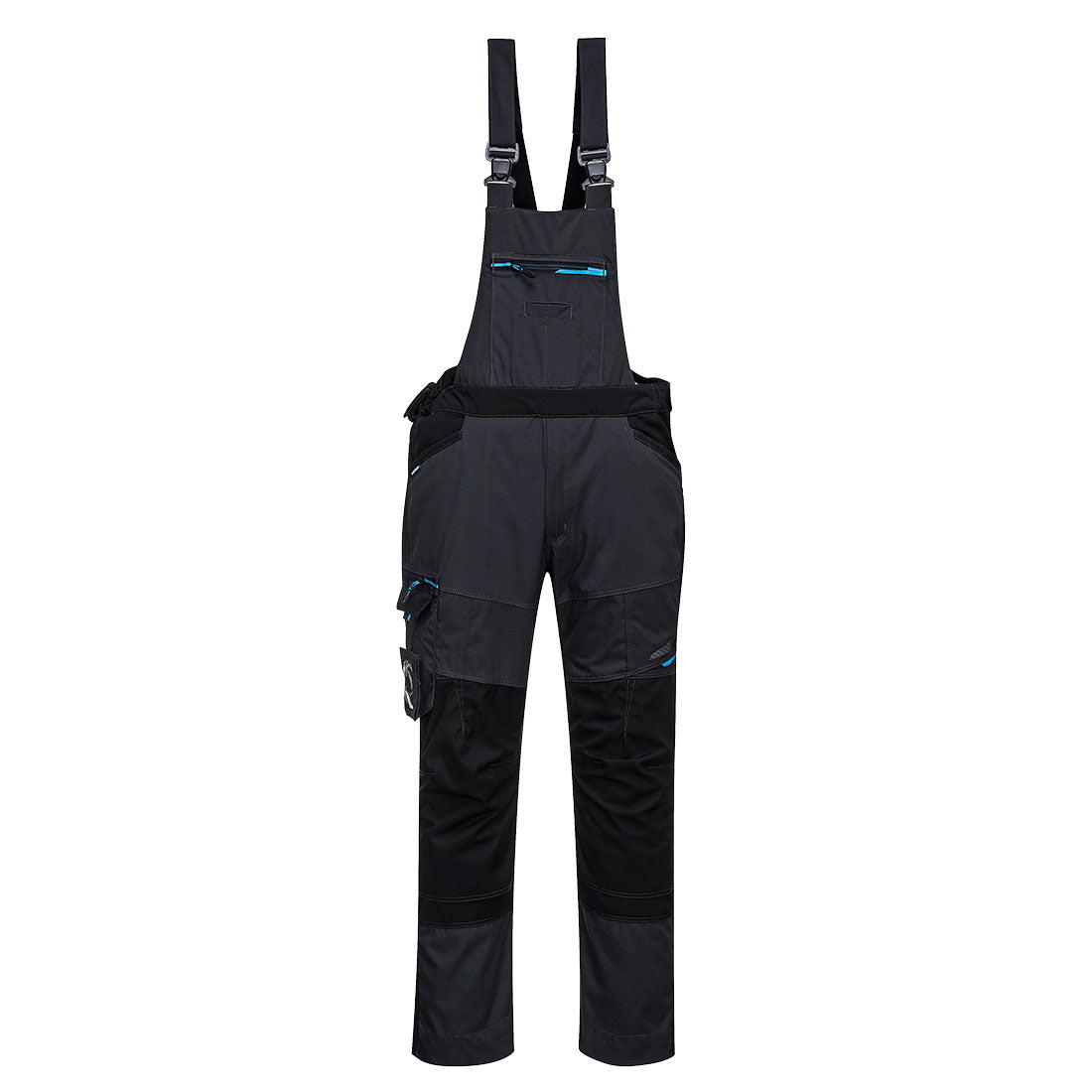 Latzhose mit Brustlatz, verstellbaren Trägern, Front- und Beintaschen (blau akzentuiert)