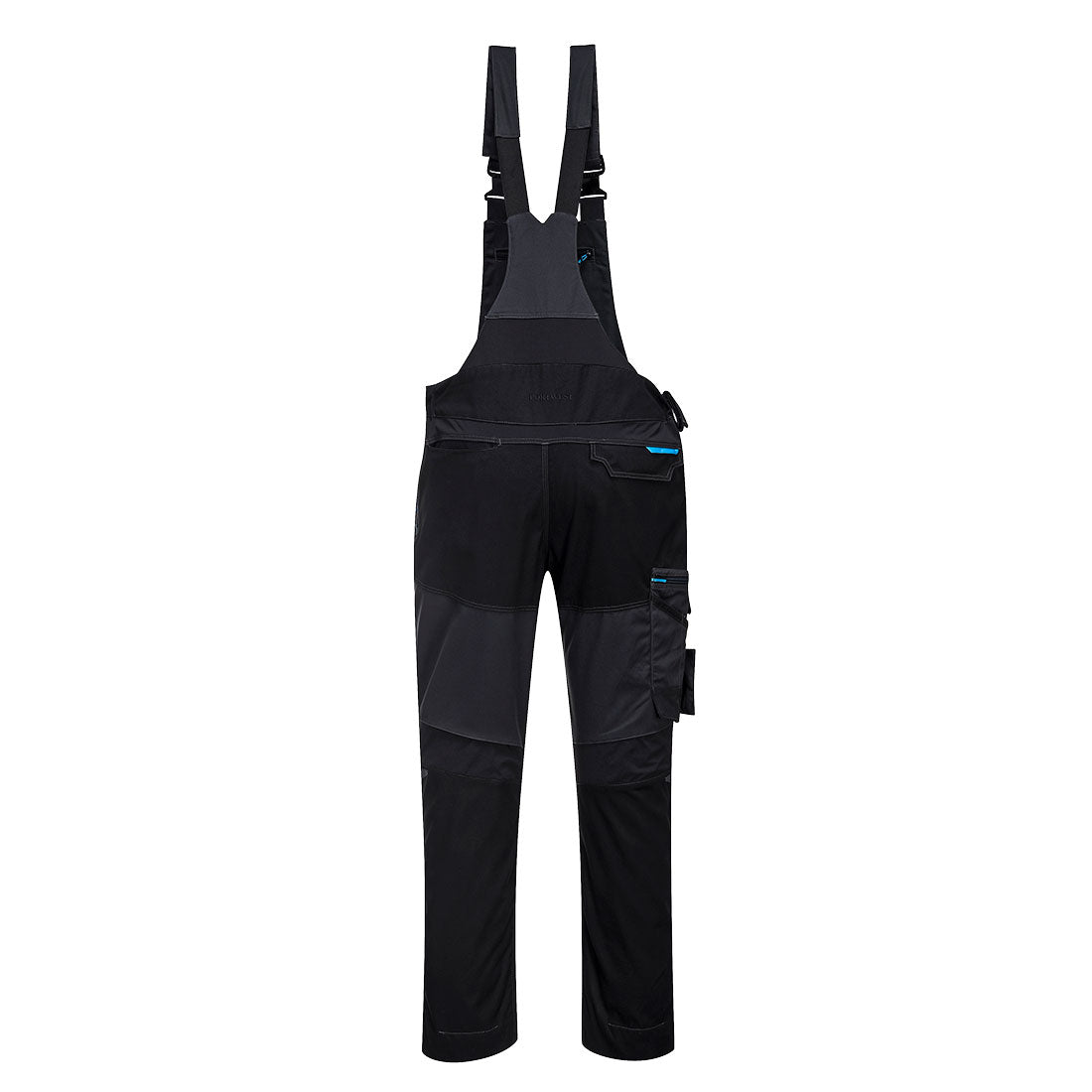 Latzhose mit Brustlatz, verstellbaren Trägern, Seitentasche und Beintasche (blau akzentuiert)