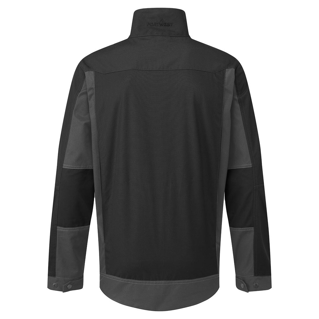 Portwest WX3 Arbeitsjacke in Schwarz, Rückansicht mit Kapuze und Stegreflektoren