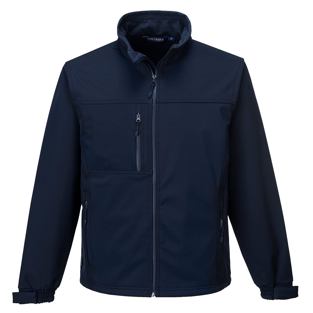 Dunkelblaue Softshell-Jacke mit Stehkragen, durchgehendem Reißverschluss und Brusttasche
