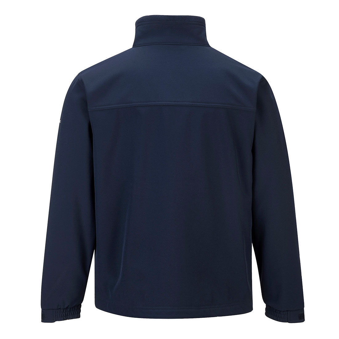 Dunkelblaue Softshell-Jacke Rückansicht mit Stehkragen und durchgehender Nahtlinie