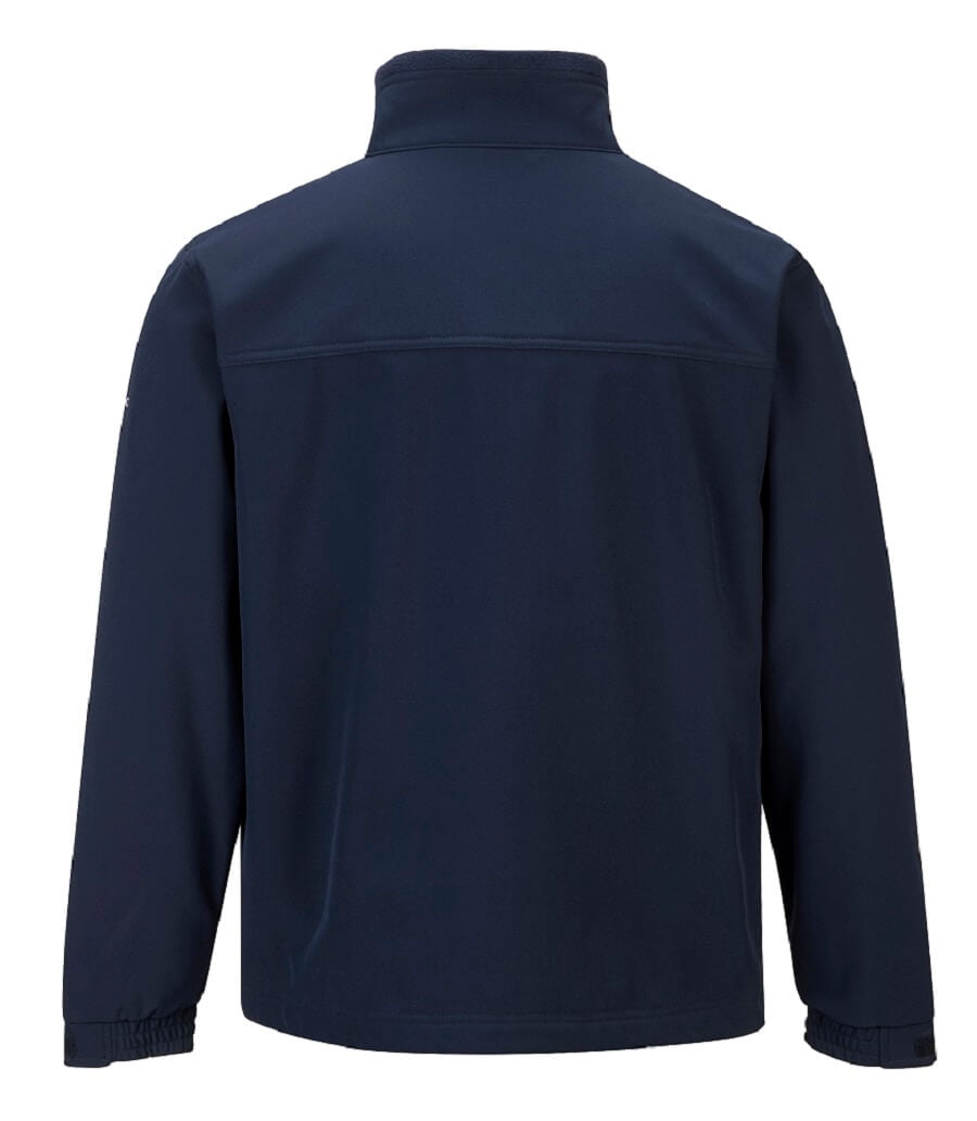 Dunkelblaue Softshell-Jacke Rückansicht mit Stehkragen und zentralem Nahtverlauf