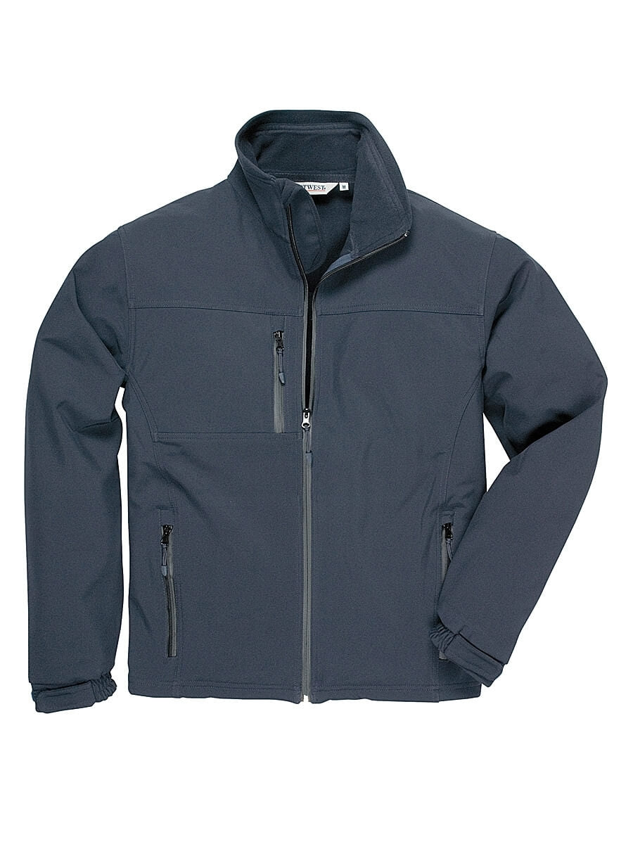 Blaue Softshell-Jacke mit Reißverschluss, Stehkragen und zwei Fronttaschen