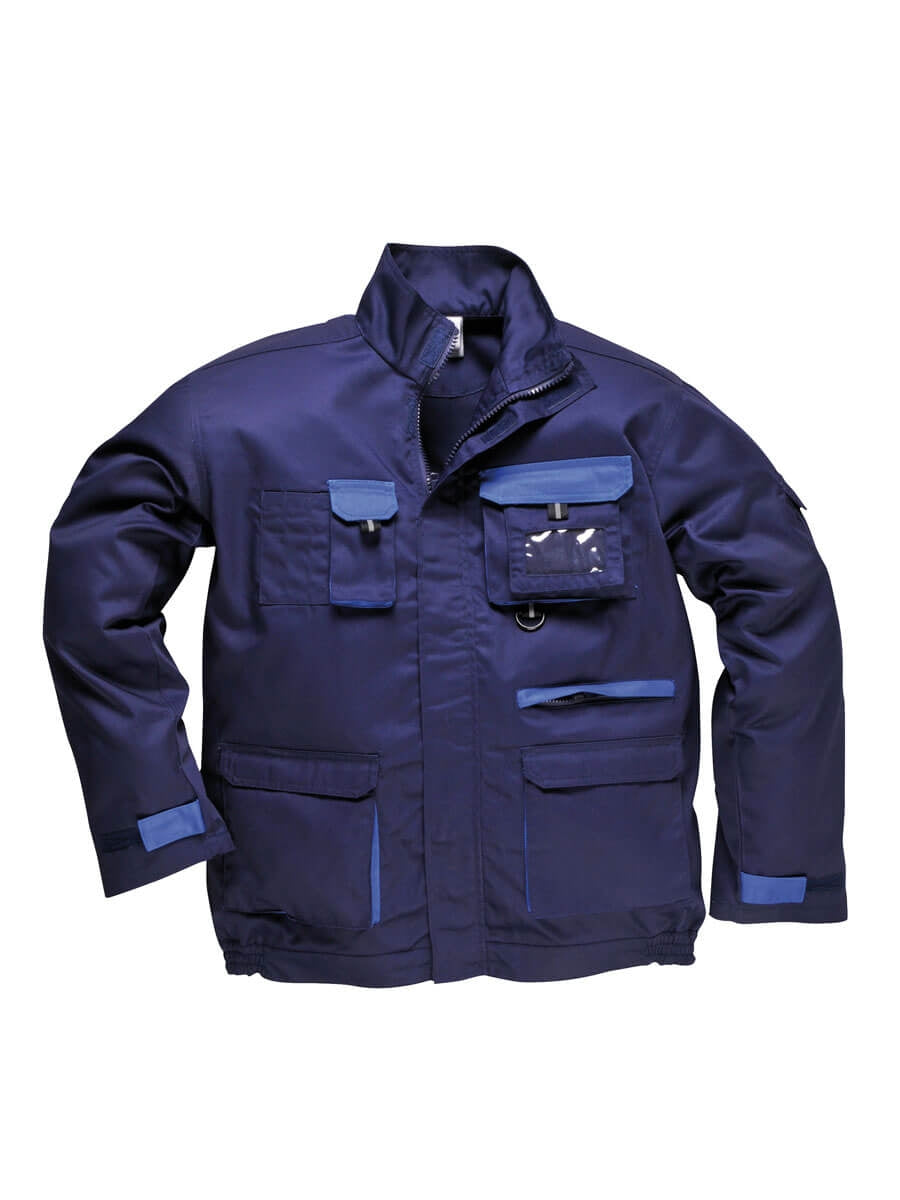 Dunkelblaue Arbeitsjacke mit Kontrastdetails, vier Taschen und durchgehendem Reißverschluss