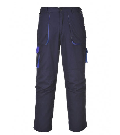 Kontrast-Hose mit blauen Ziernähten und Bundfalten, dunkelblaue Arbeitshose mit Taschen und Kordel