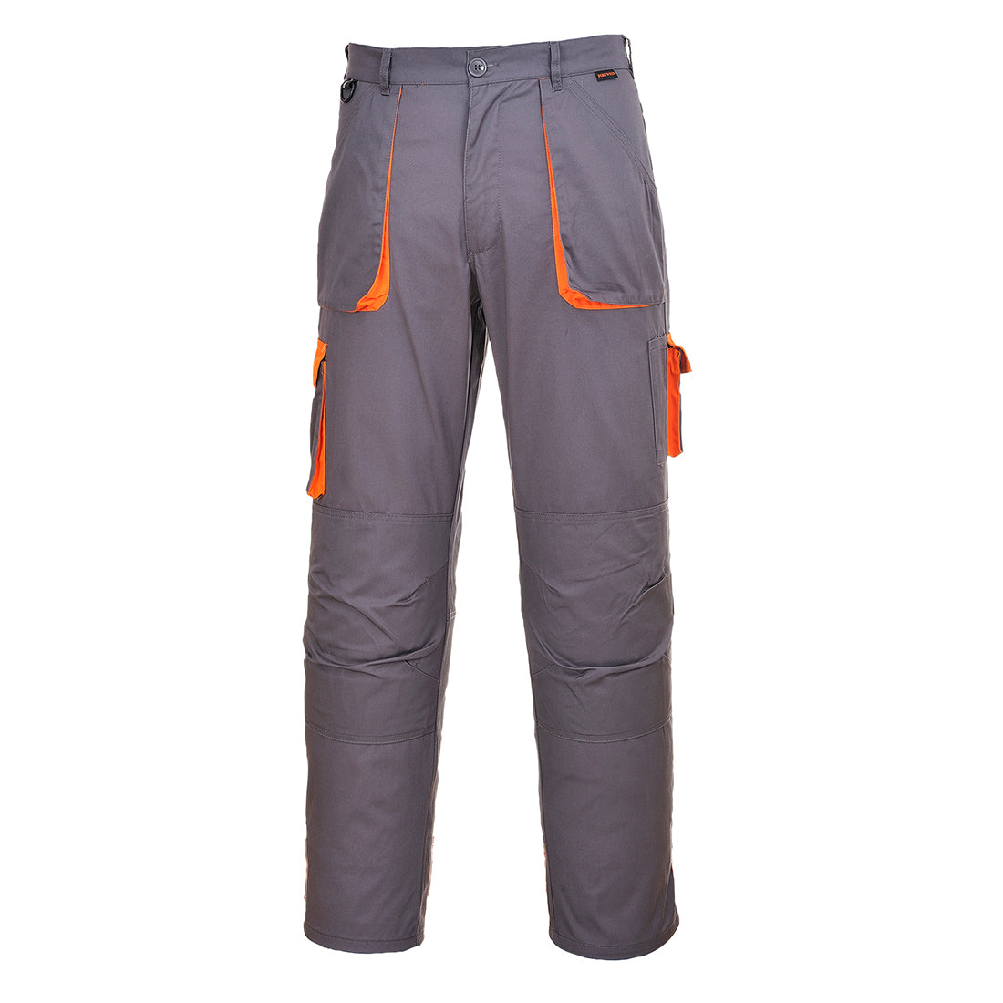 Kontrast-Arbeitshose grau mit orangefarbenen Paspeln, Knopfleiste und Taschen