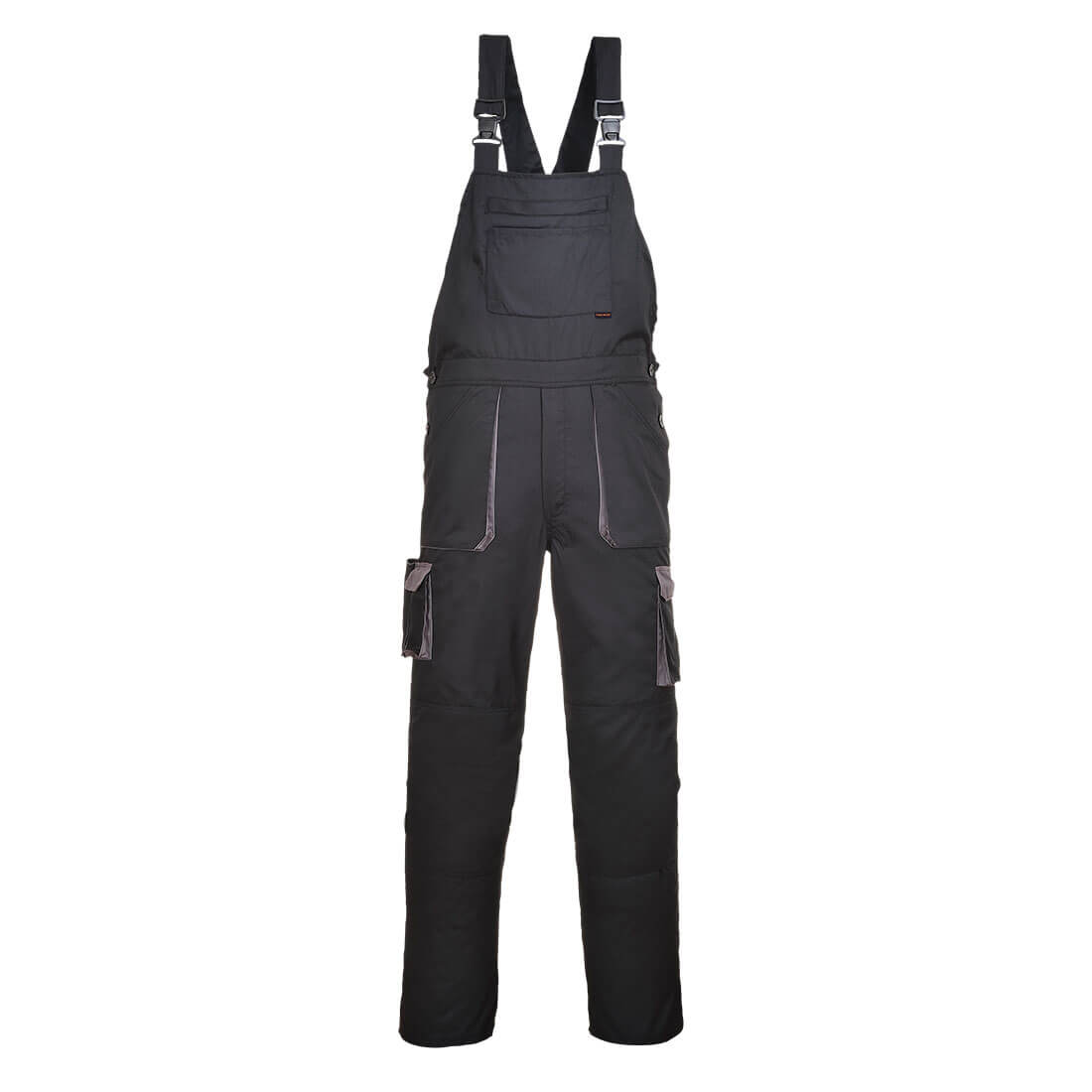 Schwarze Latzhose mit Kontrastbesatz, verstellbaren Trägern und Fronttasche