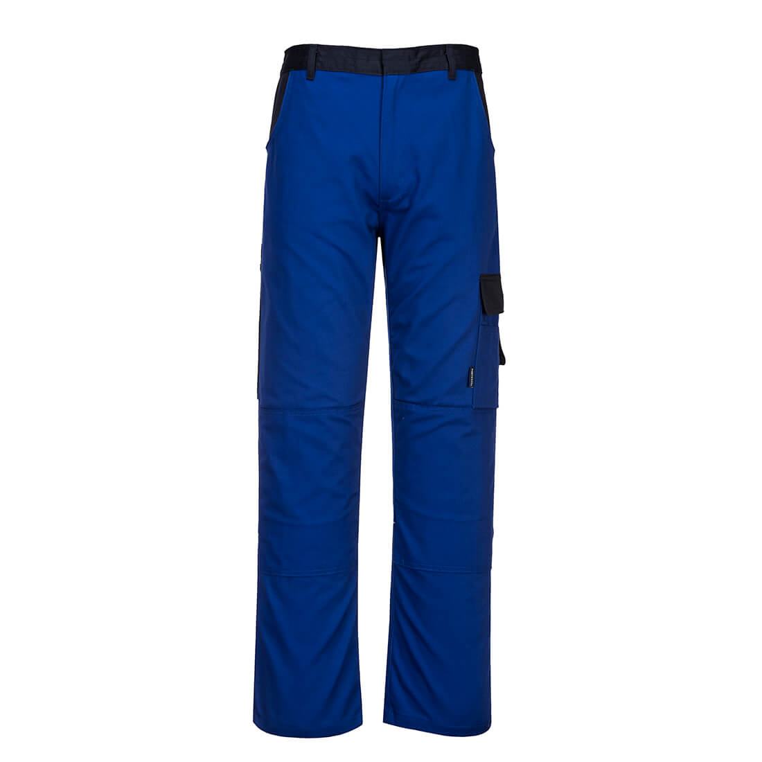 Blaue Arbeitshose mit elastischem Bund, seitlichen Cargo-Taschen und dunkelblauen Einsätzen