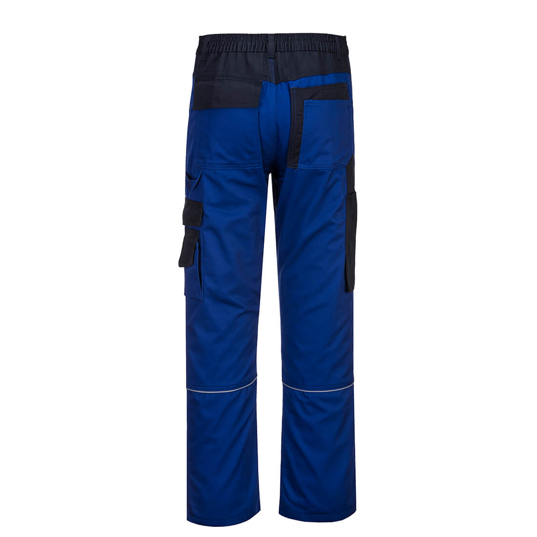 Blaue Arbeitshose mit verstellbarem Bund, Cargo-Taschen an den Beinen und dunkelblauen Kontrasten