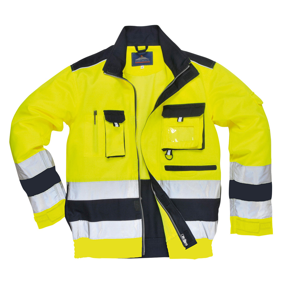 Warnschutz-Jacke mit gelbem Stoff, dunkelblauen Einsätzen und reflektierenden Streifen