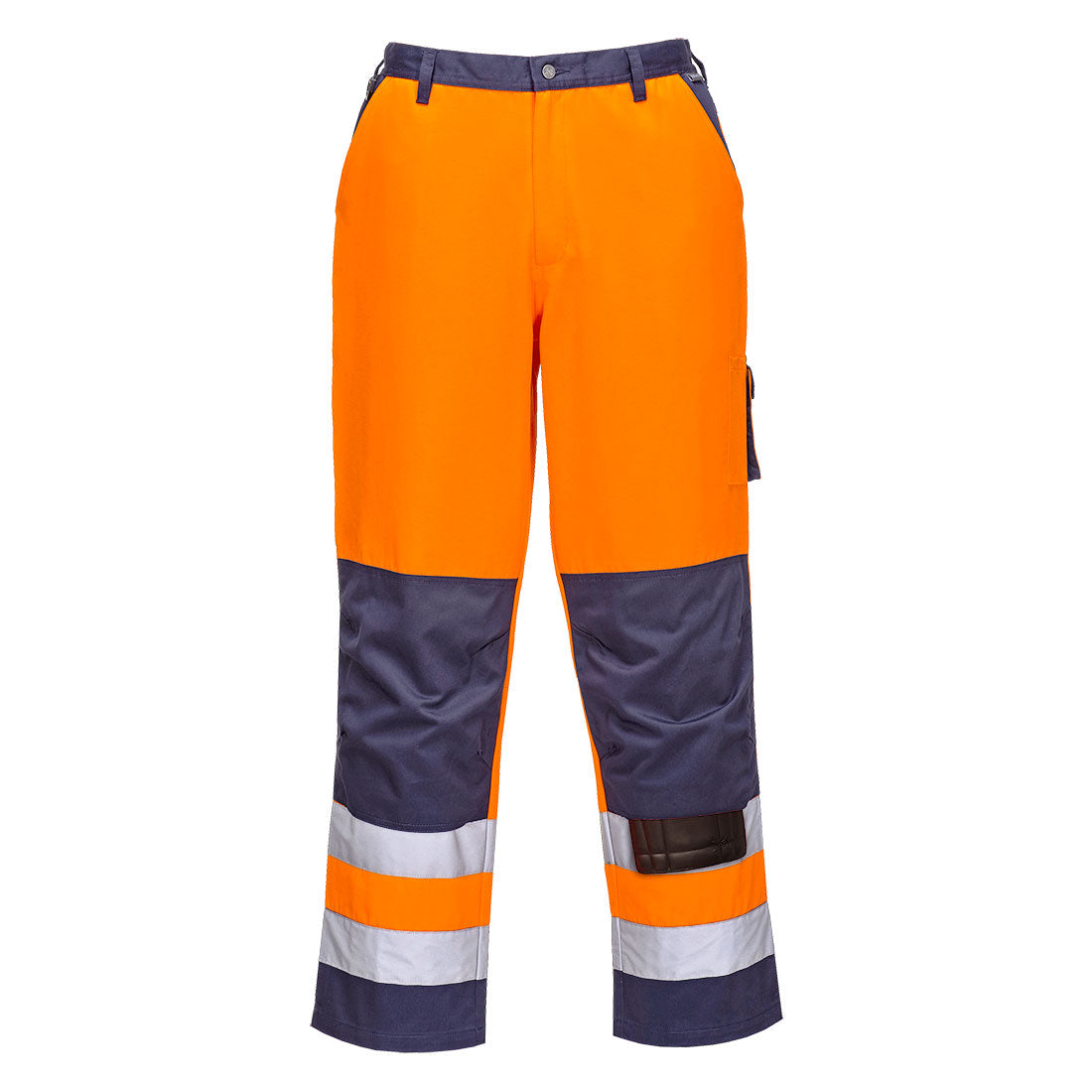 Warnschutz-Bundhose orange und marine mit Reflexstreifen, Taschen und Knieverstärkung