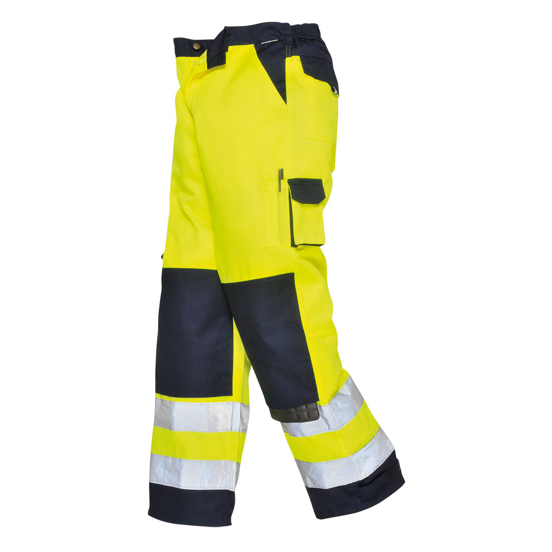 Warnschutz-Bundhose in Gelb und Marine, mit reflektierenden Streifen und Kniebereich