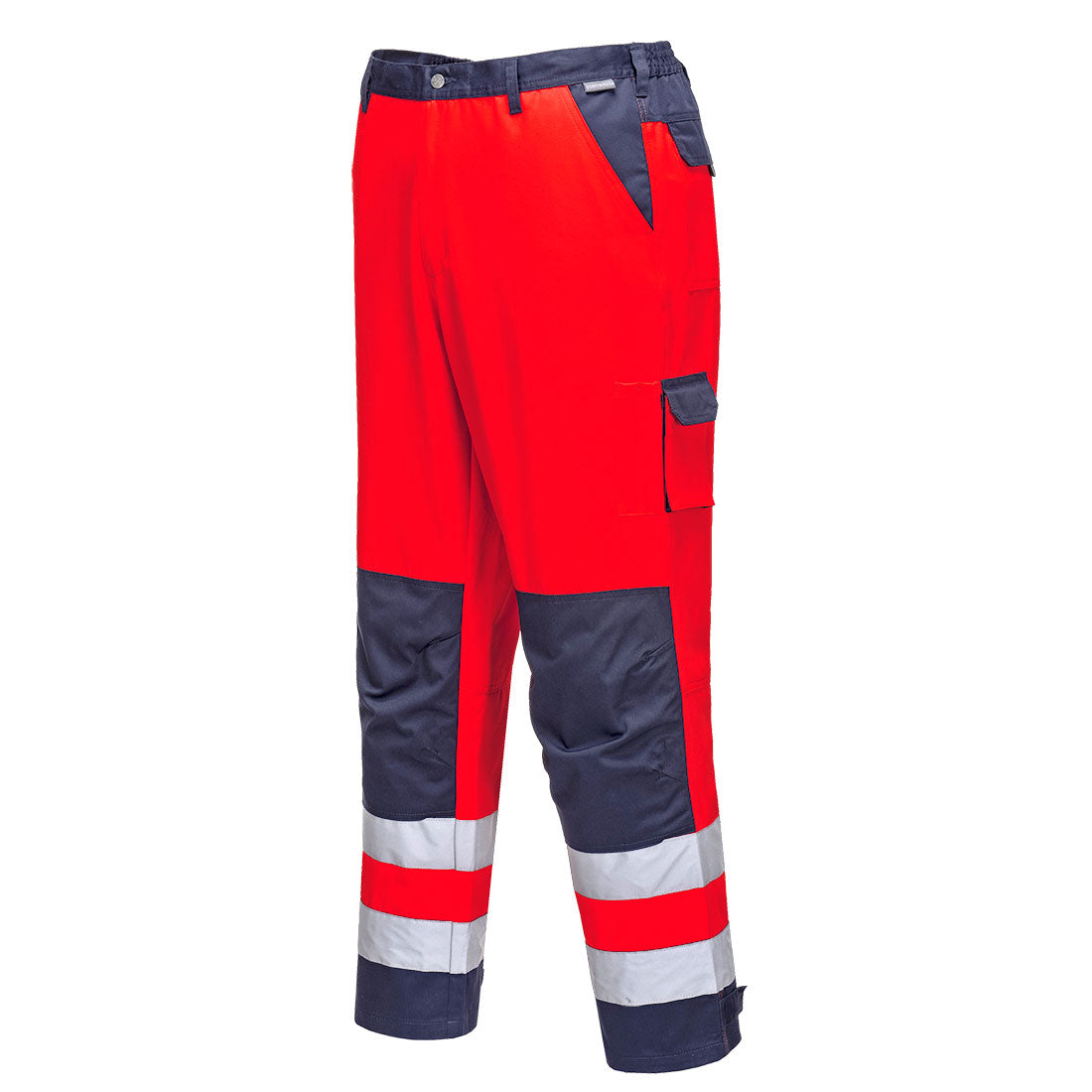 Portwest Warnschutz-Bundhose TX51, rote und marinefarbene Arbeitshose mit Reflexstreifen und Taschen
