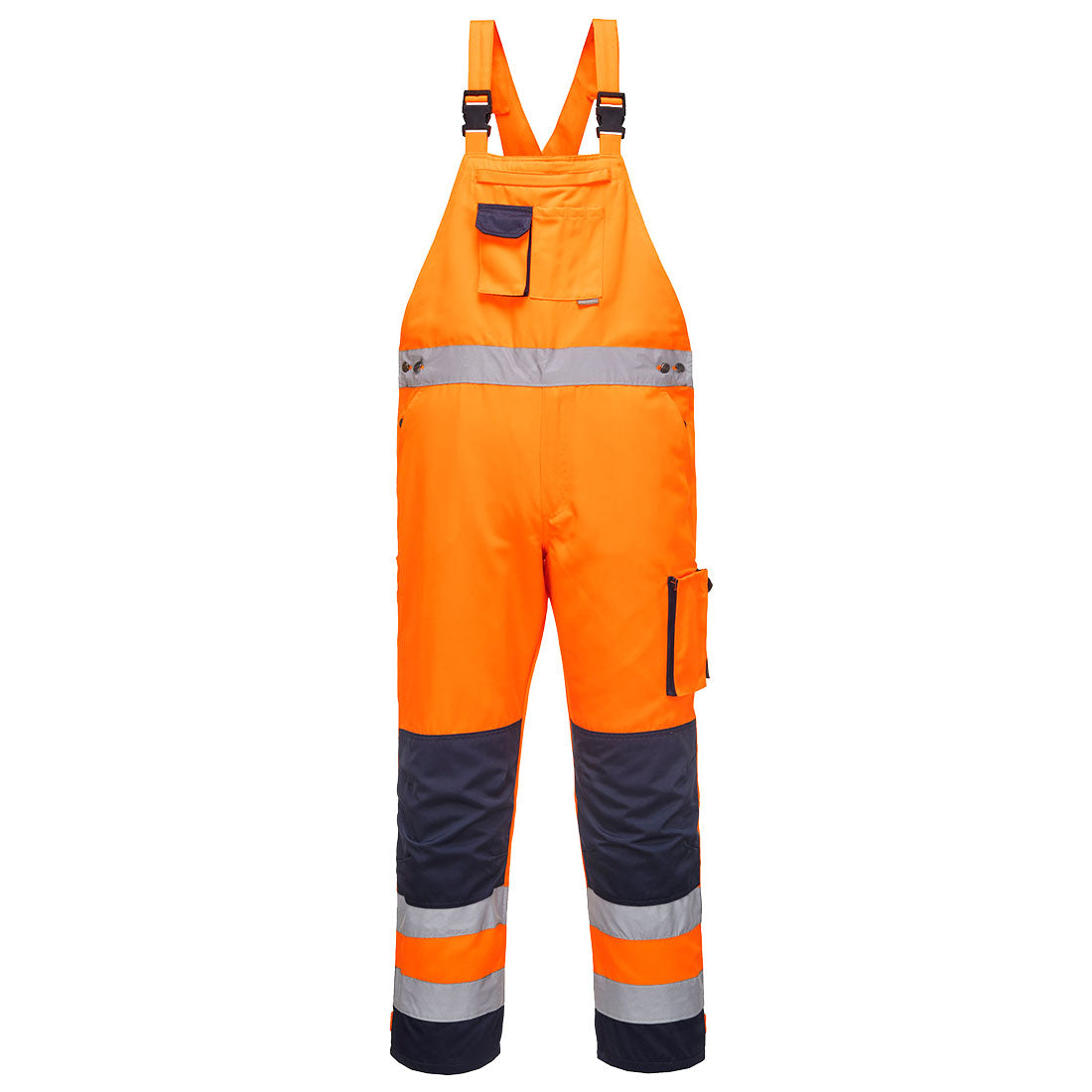 Warnschutz-Latzhose orange/dunkelblau, Reflexstreifen, Latz mit Taschen, verstellbare Träger