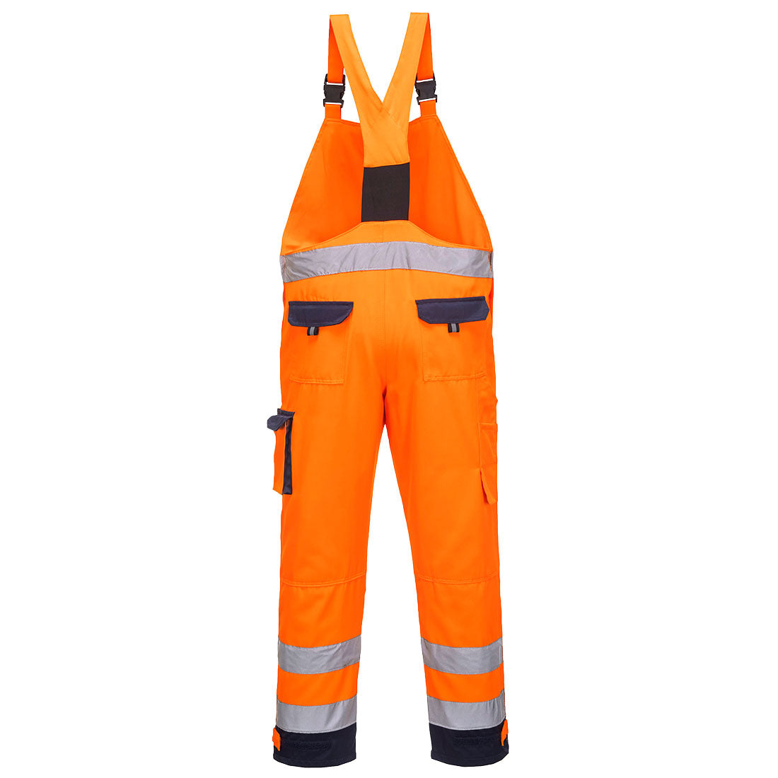 Warnschutz-Latzhose orange/dunkelblau, breiter Reflexstreifen, Front-Latz, Seitentaschen