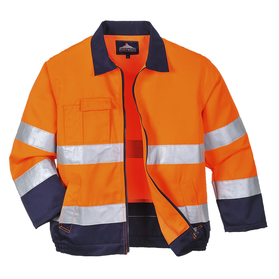 Warnschutzjacke orange-dunkelblau mit reflektierenden Streifen, Reißverschluss und Stehkragen