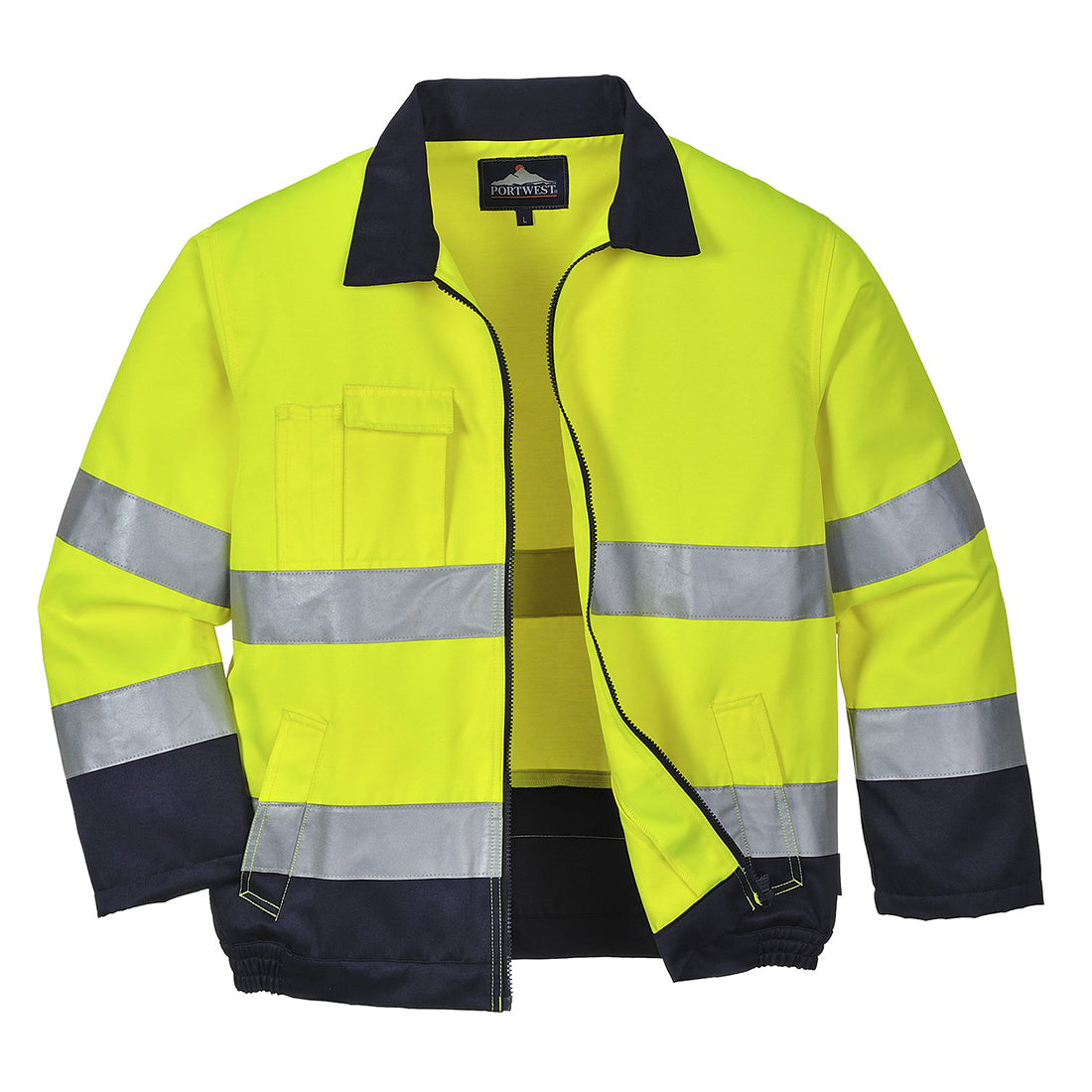 Warnschutzjacke Portwest mit Neon-Gelb, Navy-Ärmeln und reflektierenden Streifen