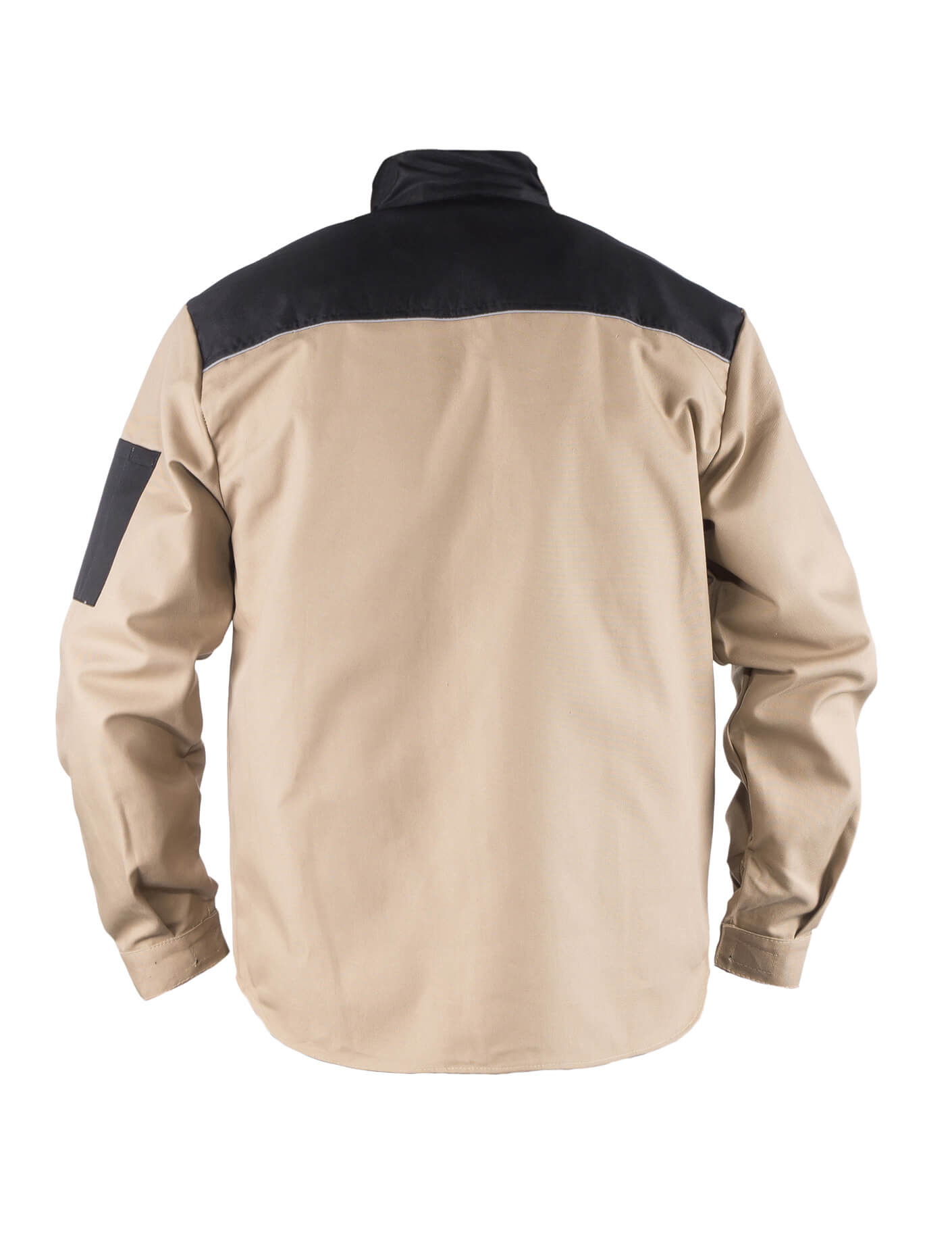 Herren-Arbeitsjacke beige mit dunklen Schulterpartien, Stehkragen, Rückansicht