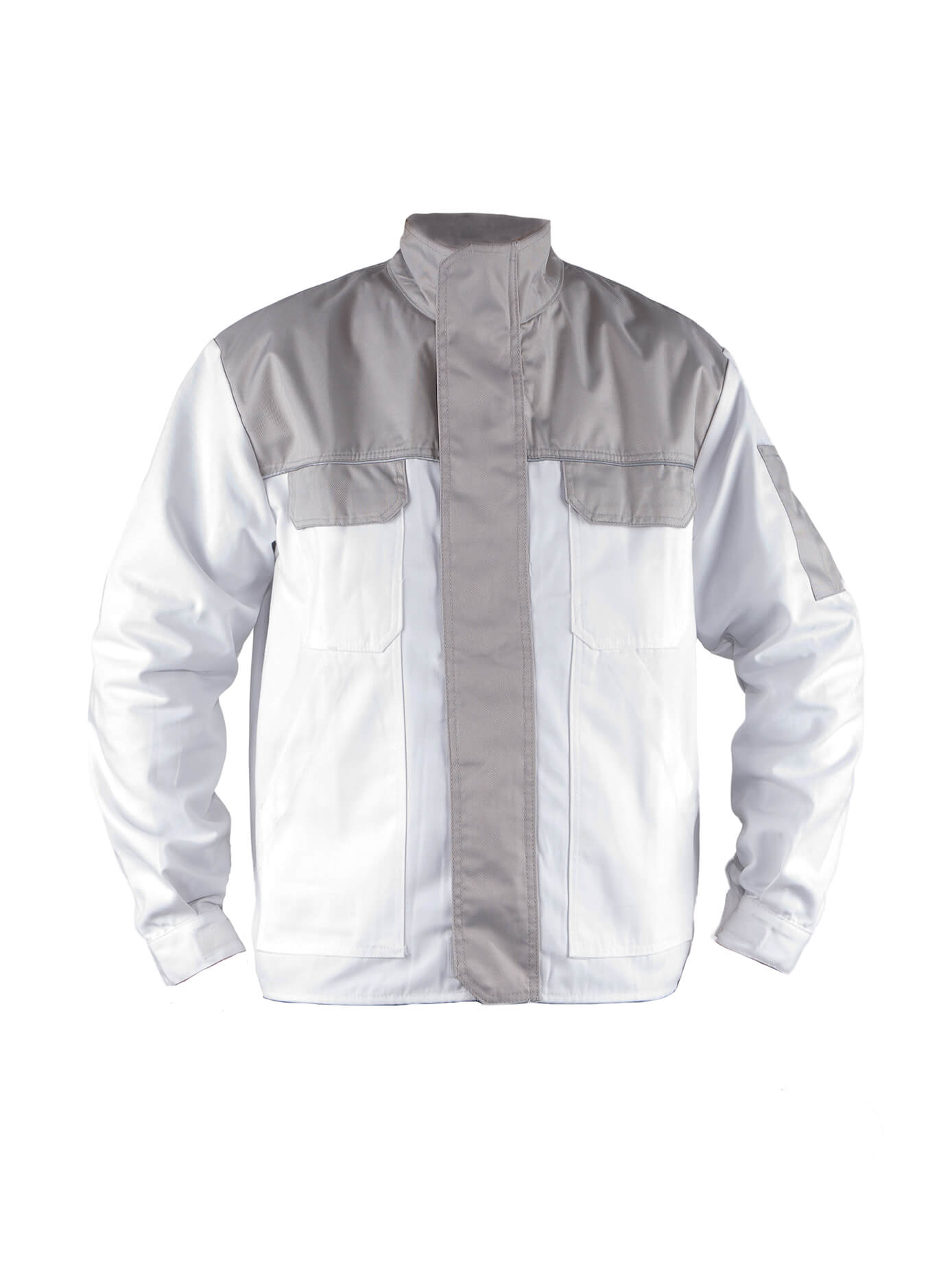 Herren-Arbeitsjacke, weiß mit grauen Einsätzen, Stehkragen und Frontreißverschluss