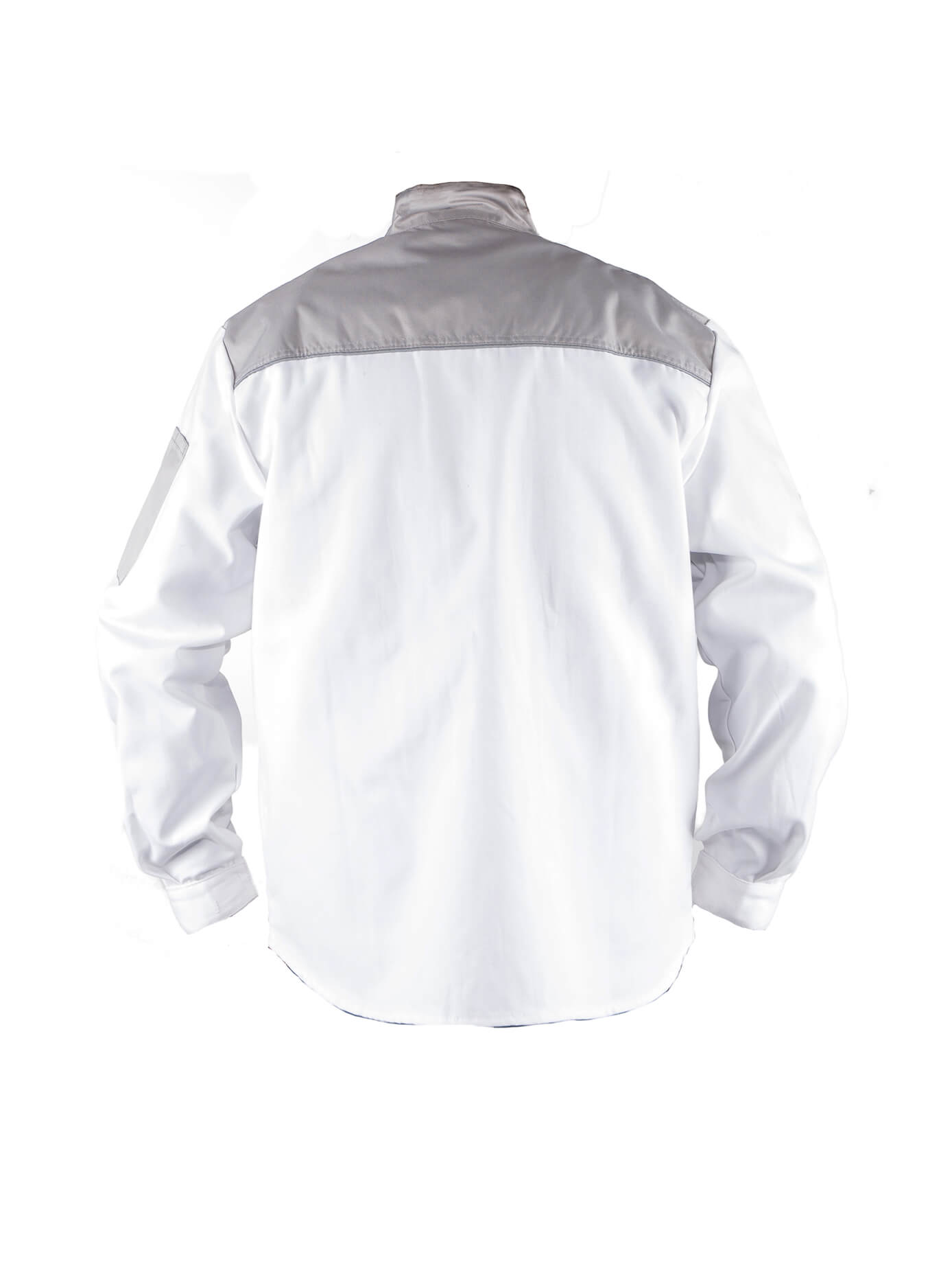 Herren-Arbeitsjacke, weiß, Rückansicht mit Stehkragen und Reißverschluss