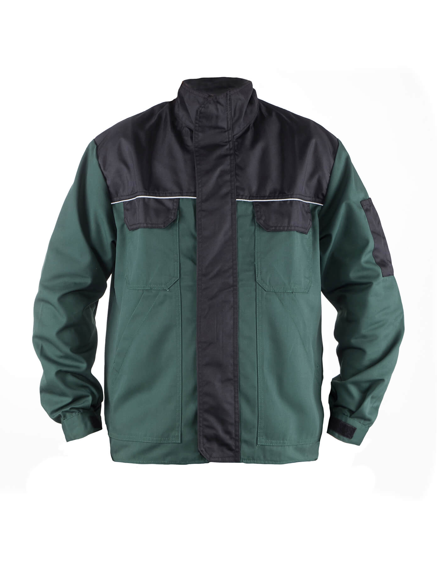 Arbeitsjacke Herren grün-schwarz, Stehkragen, Reißverschluss, Brusttaschen, Reflektorstreifen