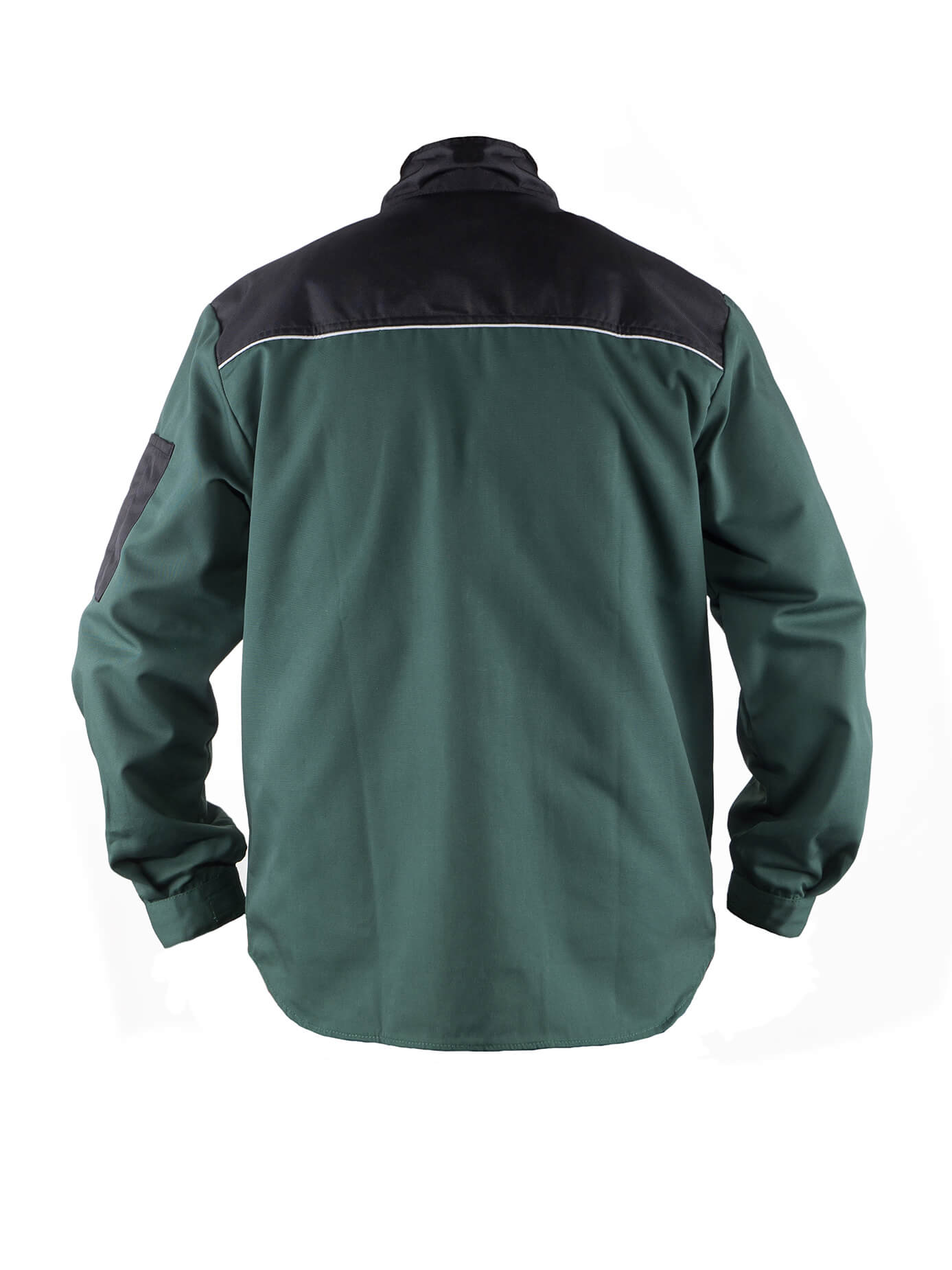 Arbeitsjacke Herren grün, schwarzer Rückenbereich, Stehkragen, Reflektorstreifen über Schultern