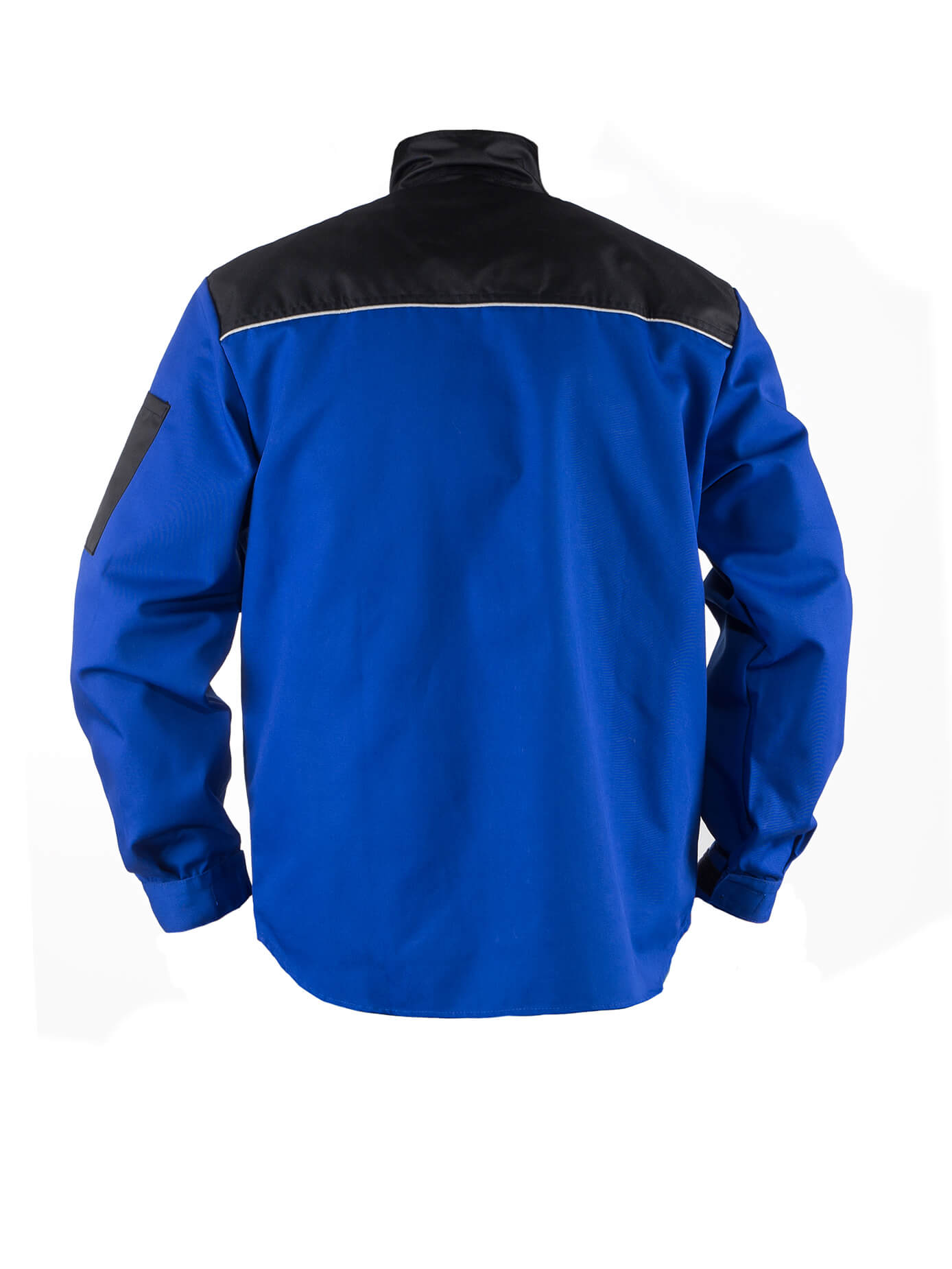 Herren-Arbeitsjacke blau-schwarz, Stehkragen und Reißverschluss, Rücken mit Mittelnaht