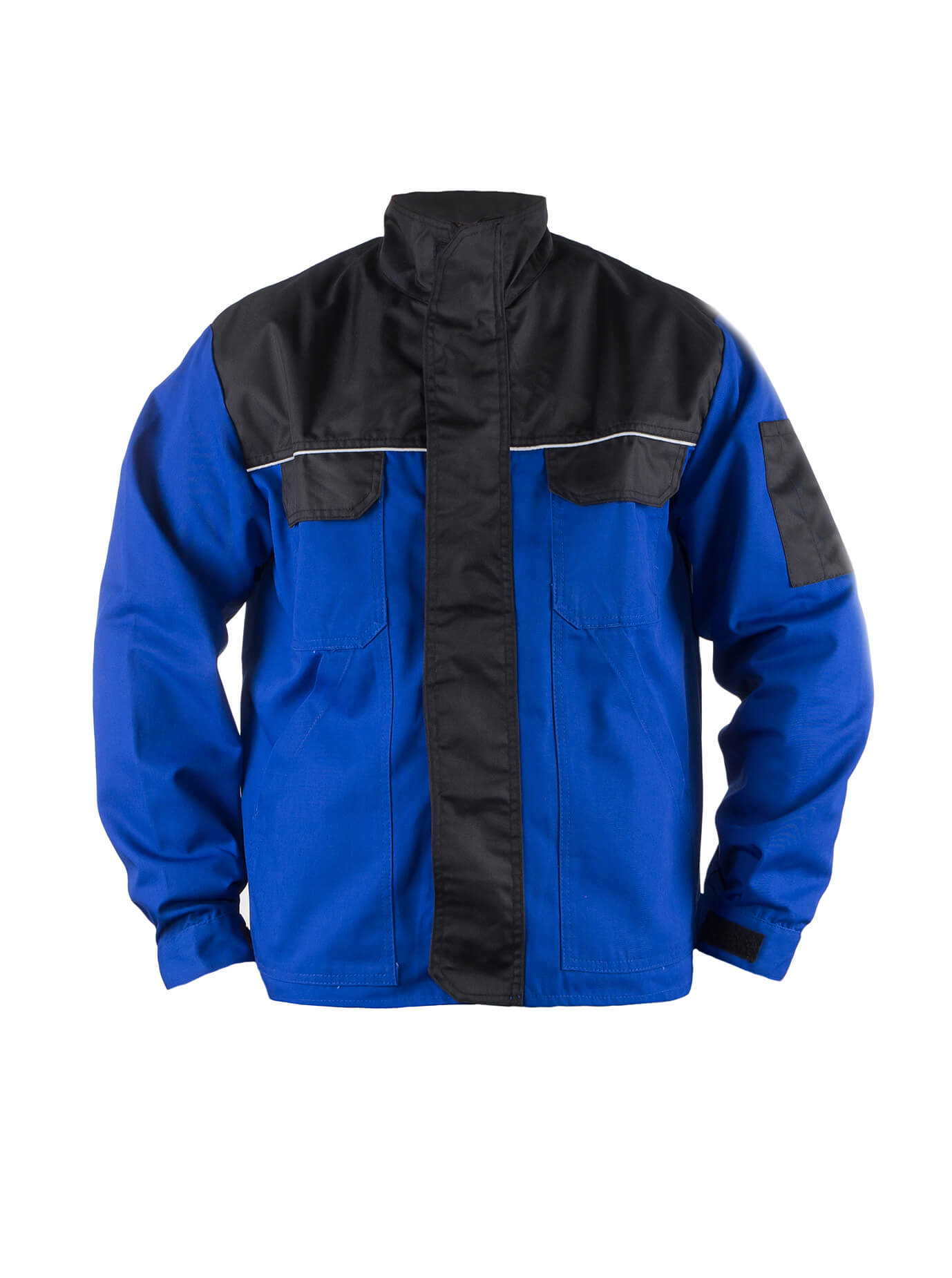 Herren-Arbeitsjacke blau mit schwarzen Einsätzen, Stehkragen, Brusttaschen mit Patte