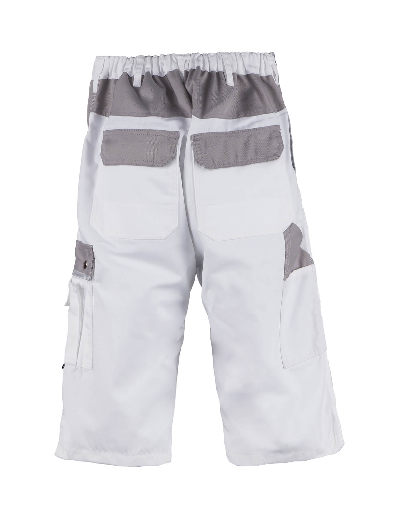 Herren-Arbeitsshorts weiß mit elastischem Bund, mehreren Cargotaschen und grauen Applikationen
