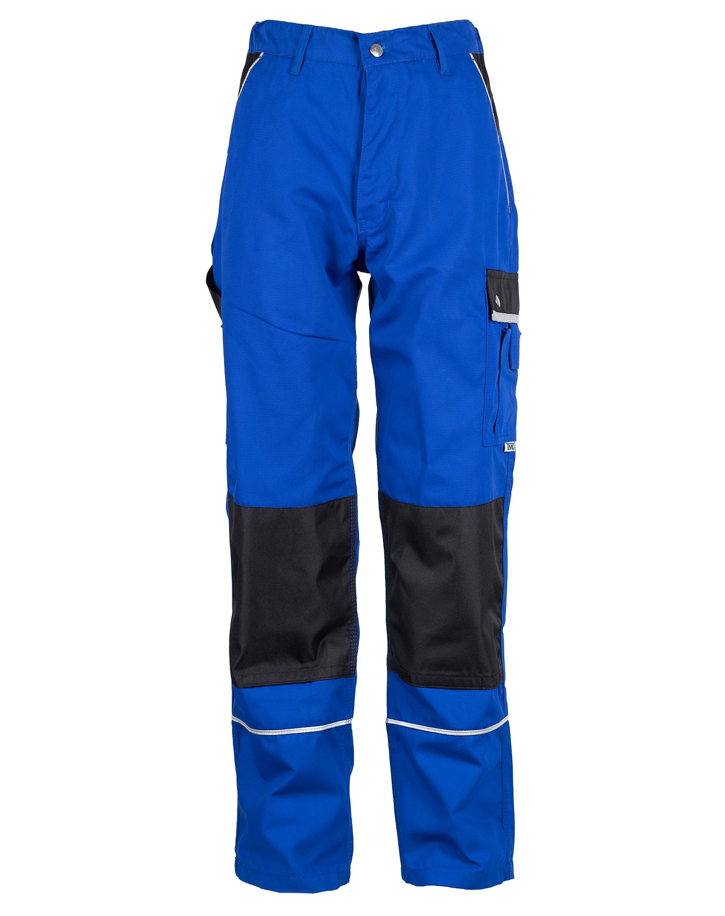 Herren-Arbeitshose blau mit schwarzen Knieeinsätzen und Reflektorstreifen, Bundhose