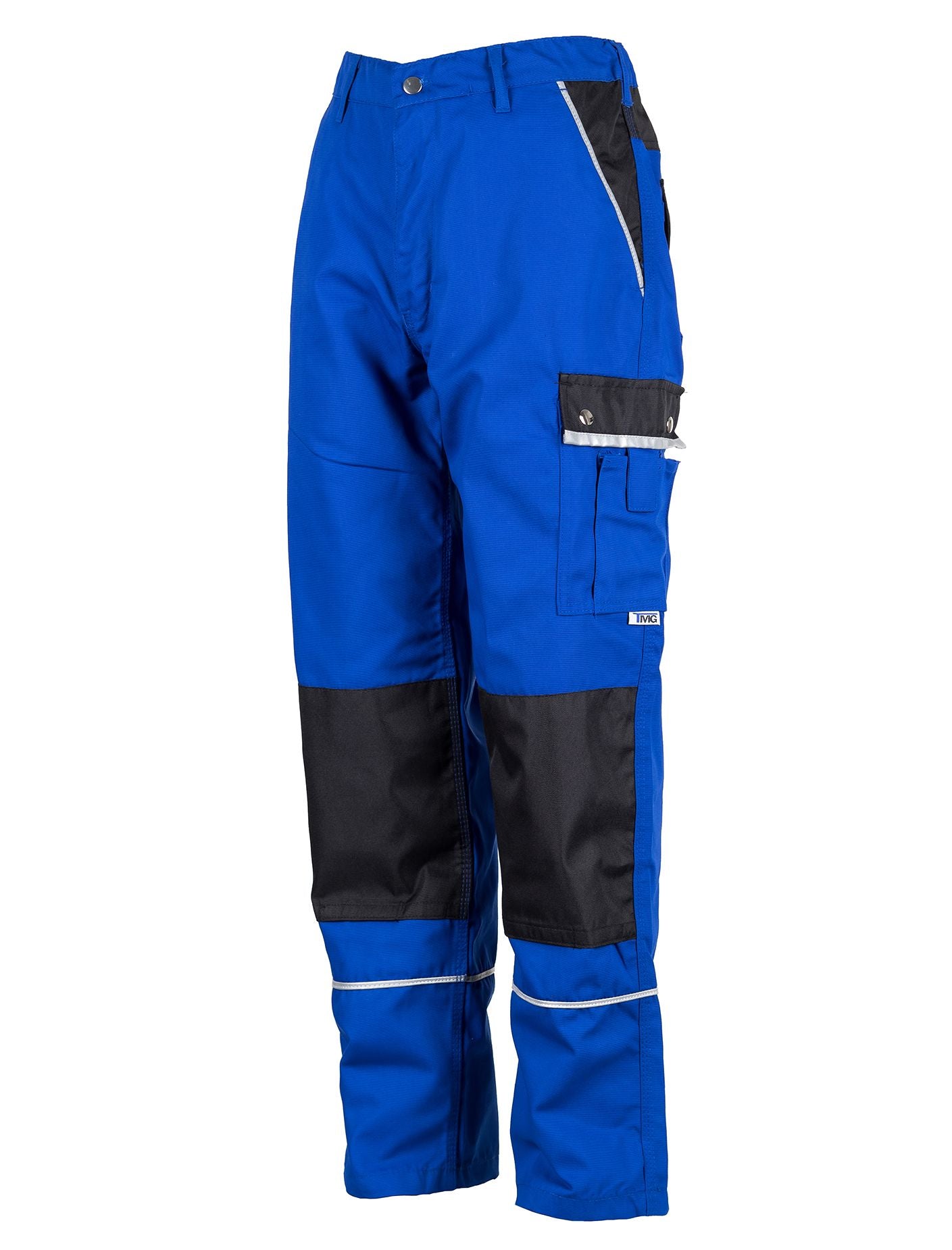 Herren-Arbeitshose blau mit Seitentasche, dunklen Einsätzen und Reflektorband am Bein