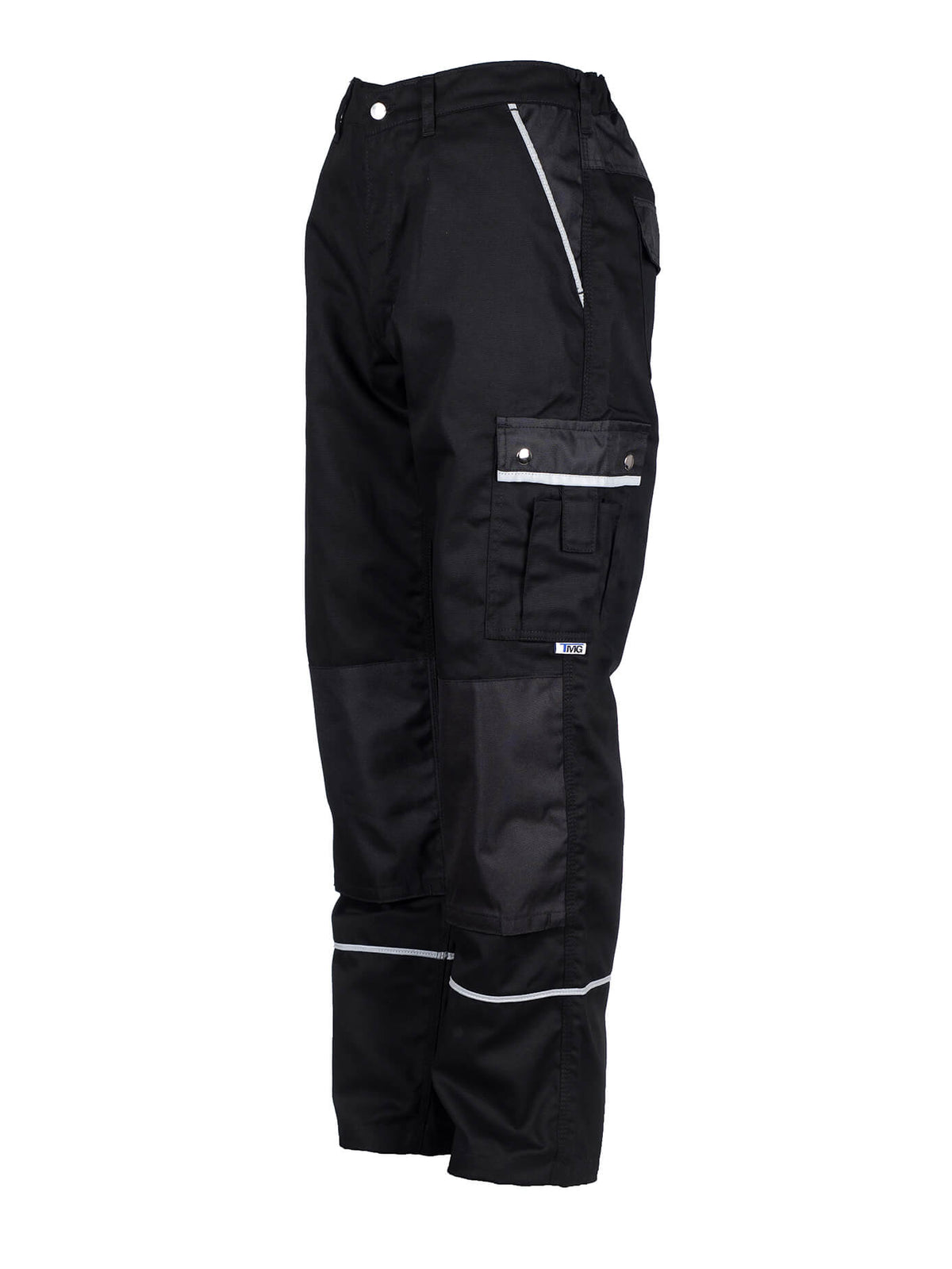 Schwarze Arbeitshose mit Cargotasche, Knopfleiste und reflektierendem Saumstreifen