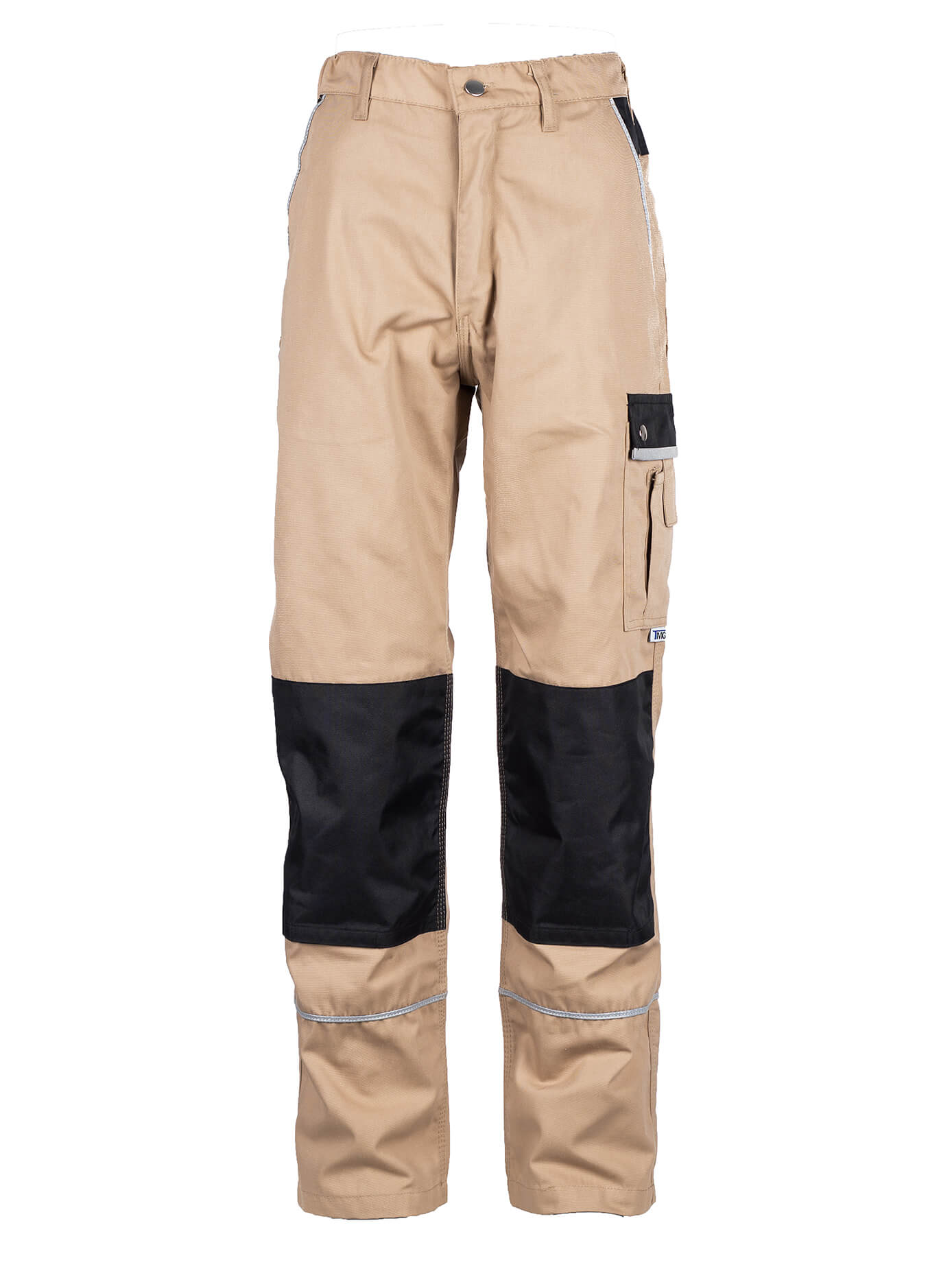 Beige Arbeitshose mit schwarzer Kniepartie, Cargo-Taschen und Knopfverschluss