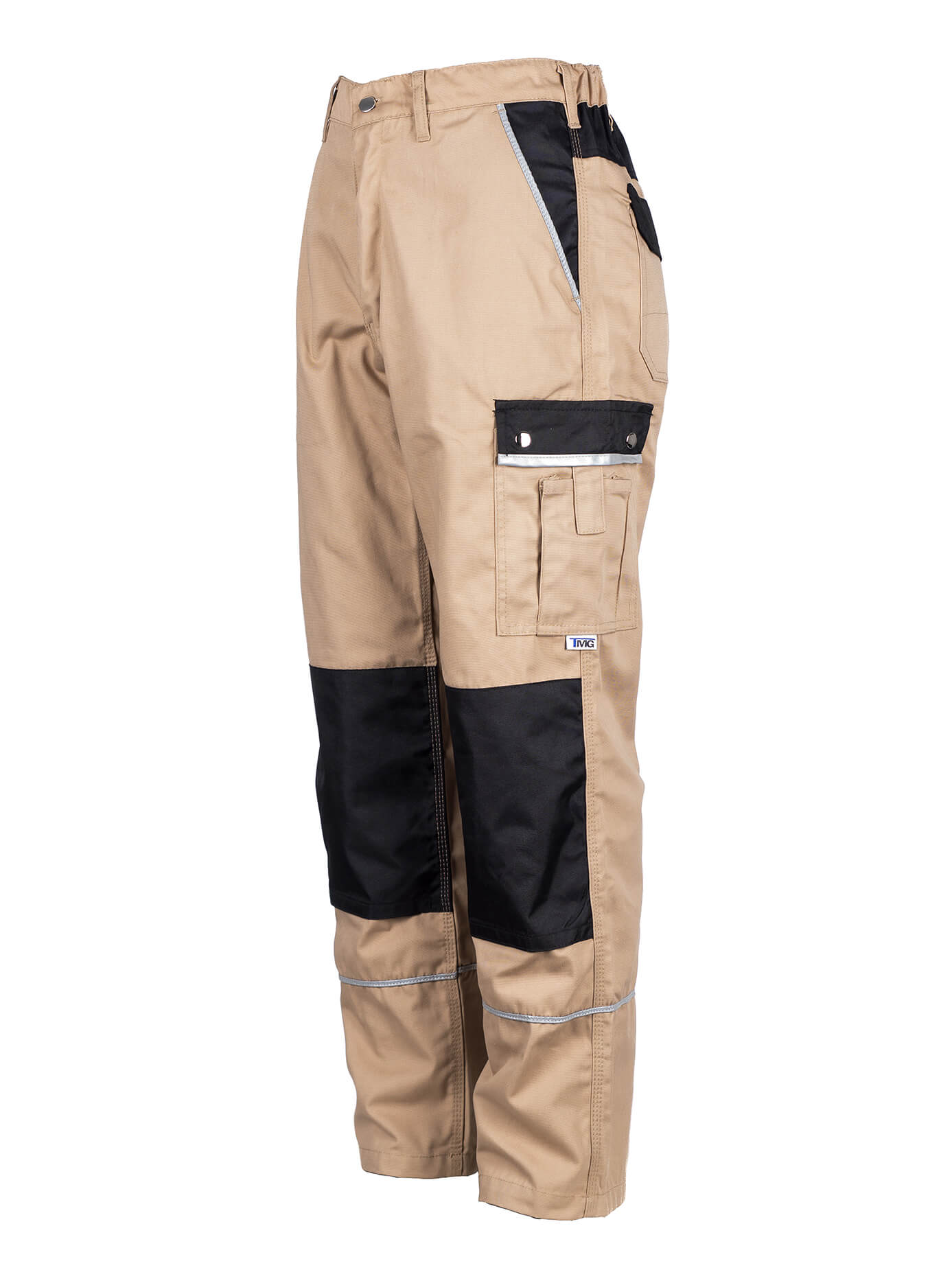 Beige Arbeitshose mit schwarzer Seitenmanschette, Beintasche und praktischen Taschen