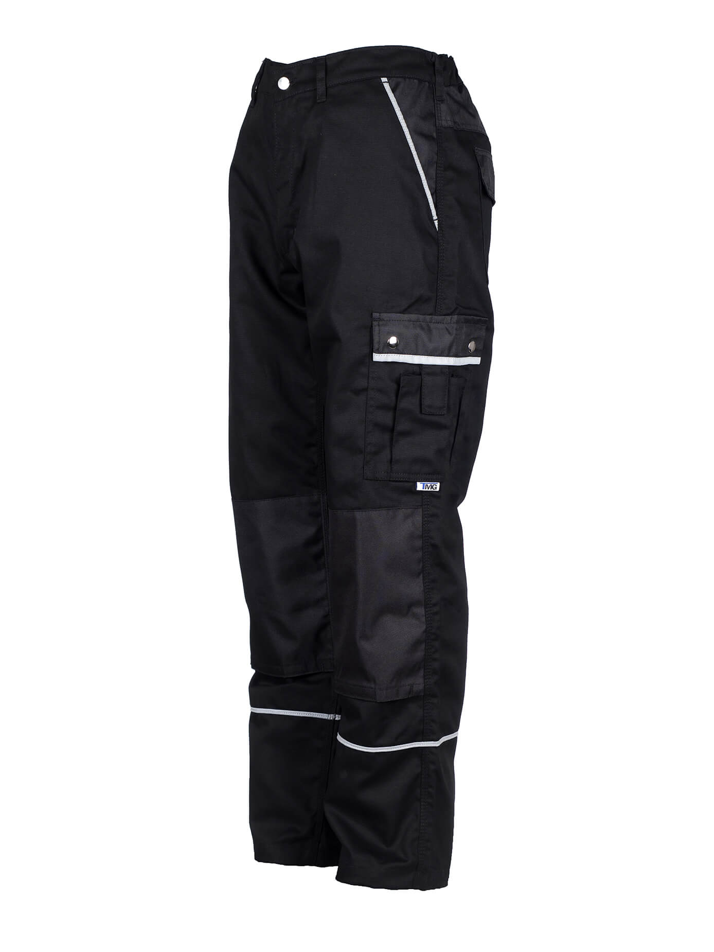 Herren Arbeitshose schwarz, Seitentasche mit Knopf und reflektierender Borte