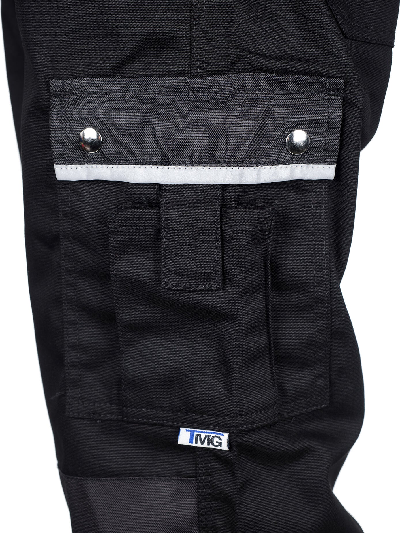 Herren Arbeitshose schwarz: Taschenklappe mit Druckknöpfen und Reflexband