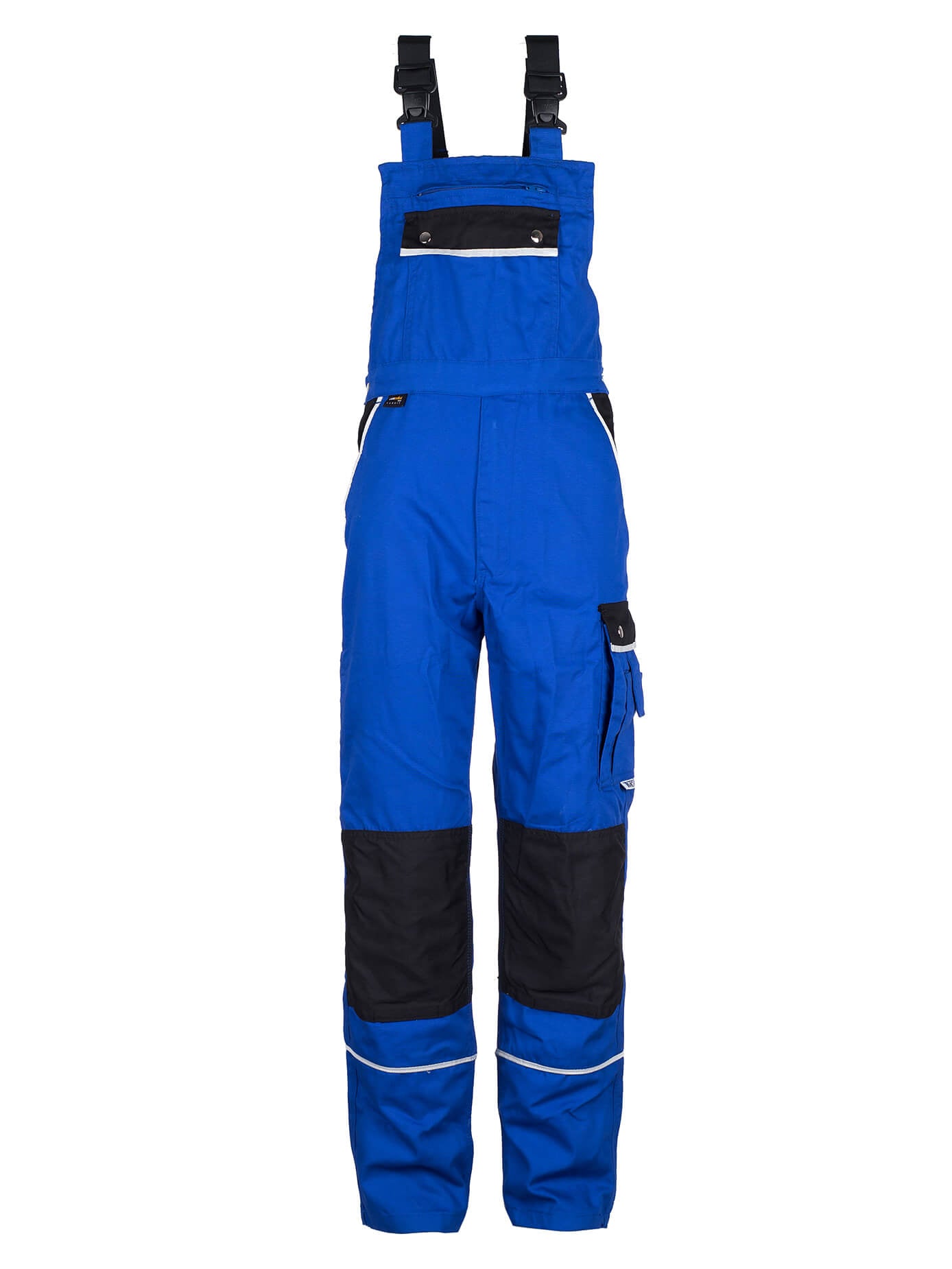 Herren Arbeitslatzhose blau mit schwarzen Einsätzen und reflektierenden Zierstreifen.