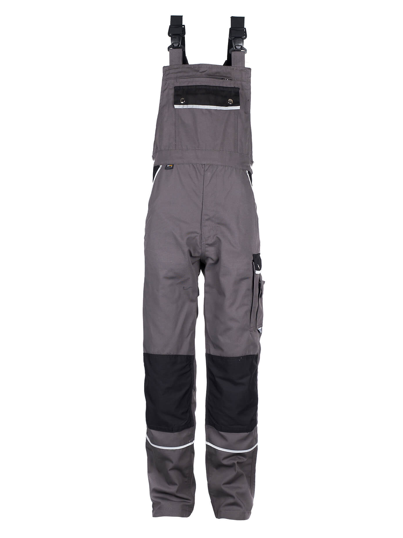 Herren-Arbeitslatzhose grau mit Hosenträgern, Fronttasche und Reflexstreifen
