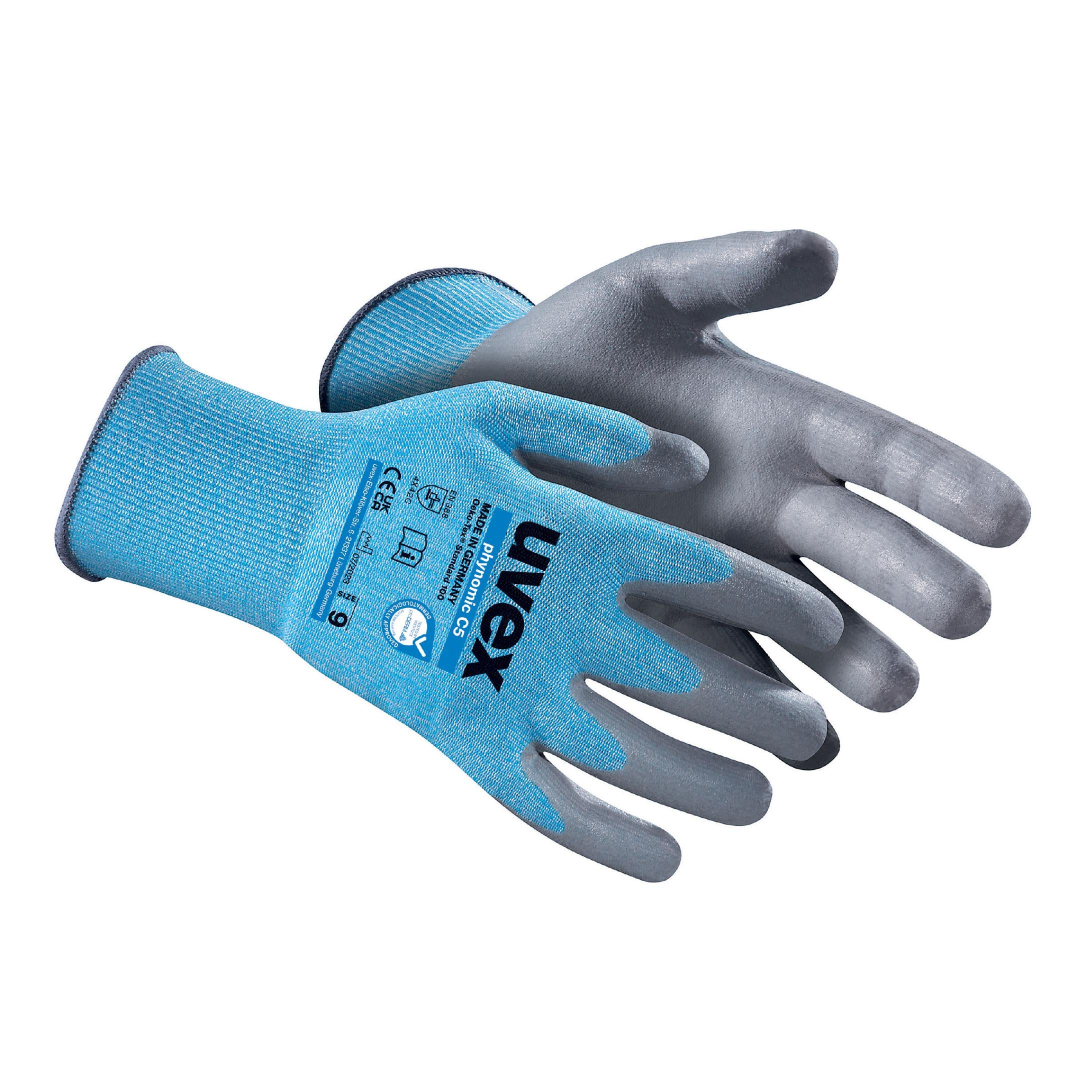 Uvex Phynomic C5 Arbeitshandschuh, blau mit grauer Handfläche, Strickbund