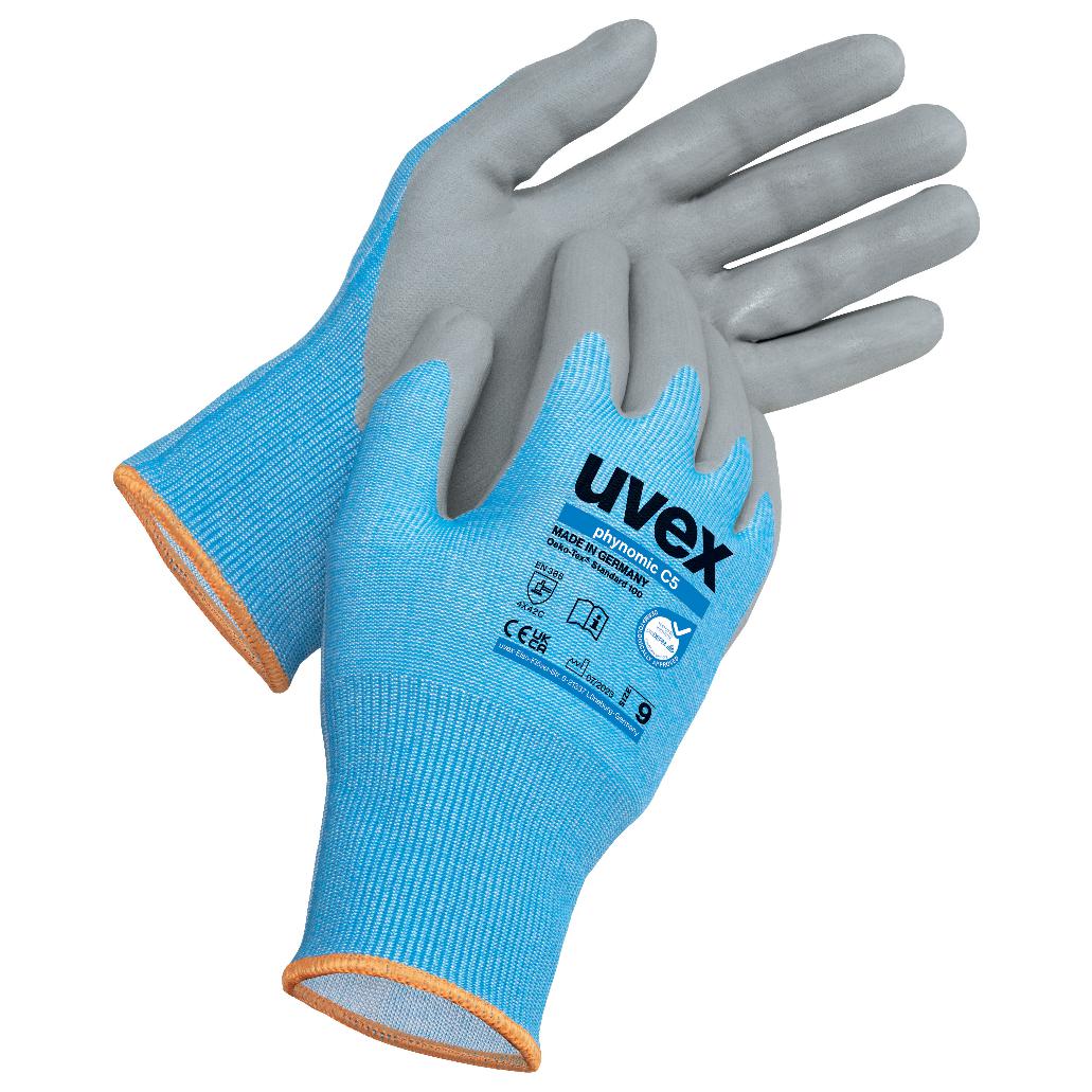 Uvex Phynomic C5 Handschuh, blau, graue Innenhand, orangefarbener Abschluss