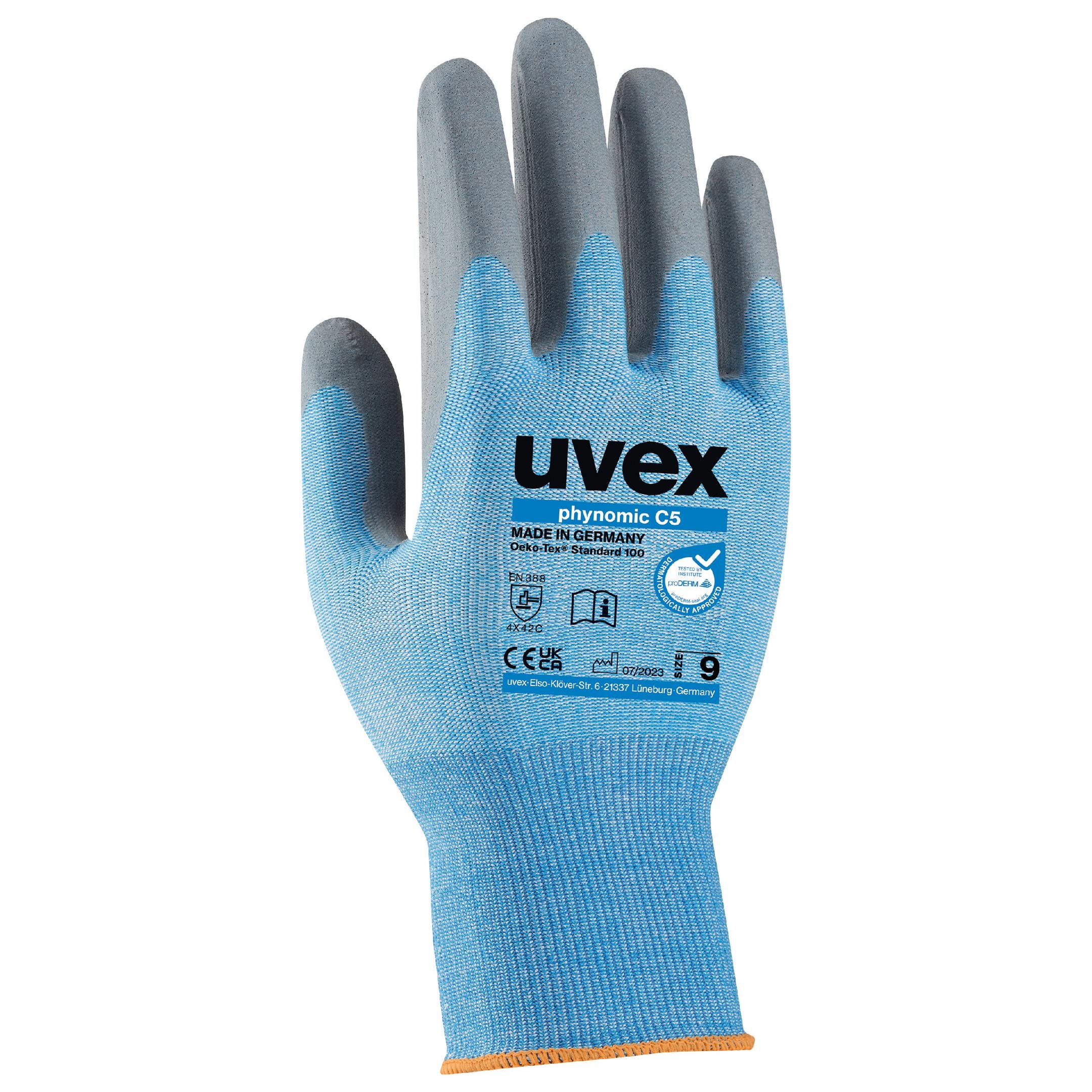 Uvex Phynomic C5 Handschuh mit Aufdruck, blauem Strick und grauen Fingerspitzen
