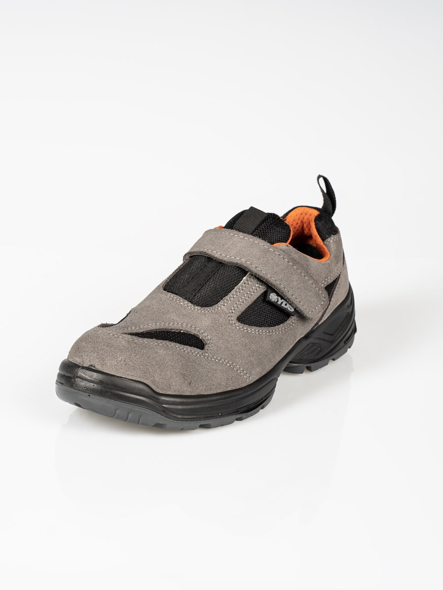 Sicherheitsschuhe S1 mit Klettriemen, grau-schwarzer Wildlederoptik, orange Futter