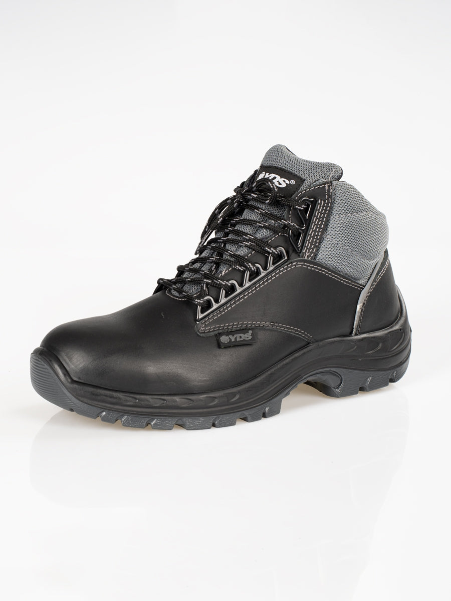 Arbeitssicherheitsboot S3 aus Leder mit grauem Textil, Schnürung und Profilsohle