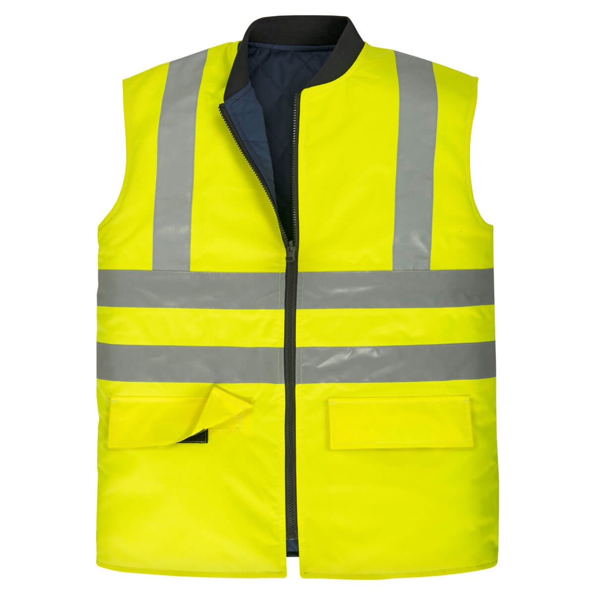 Warnschutz-Wendeweste Neon-Gelb mit reflektierenden Streifen, Frontreißverschluss, Taschen