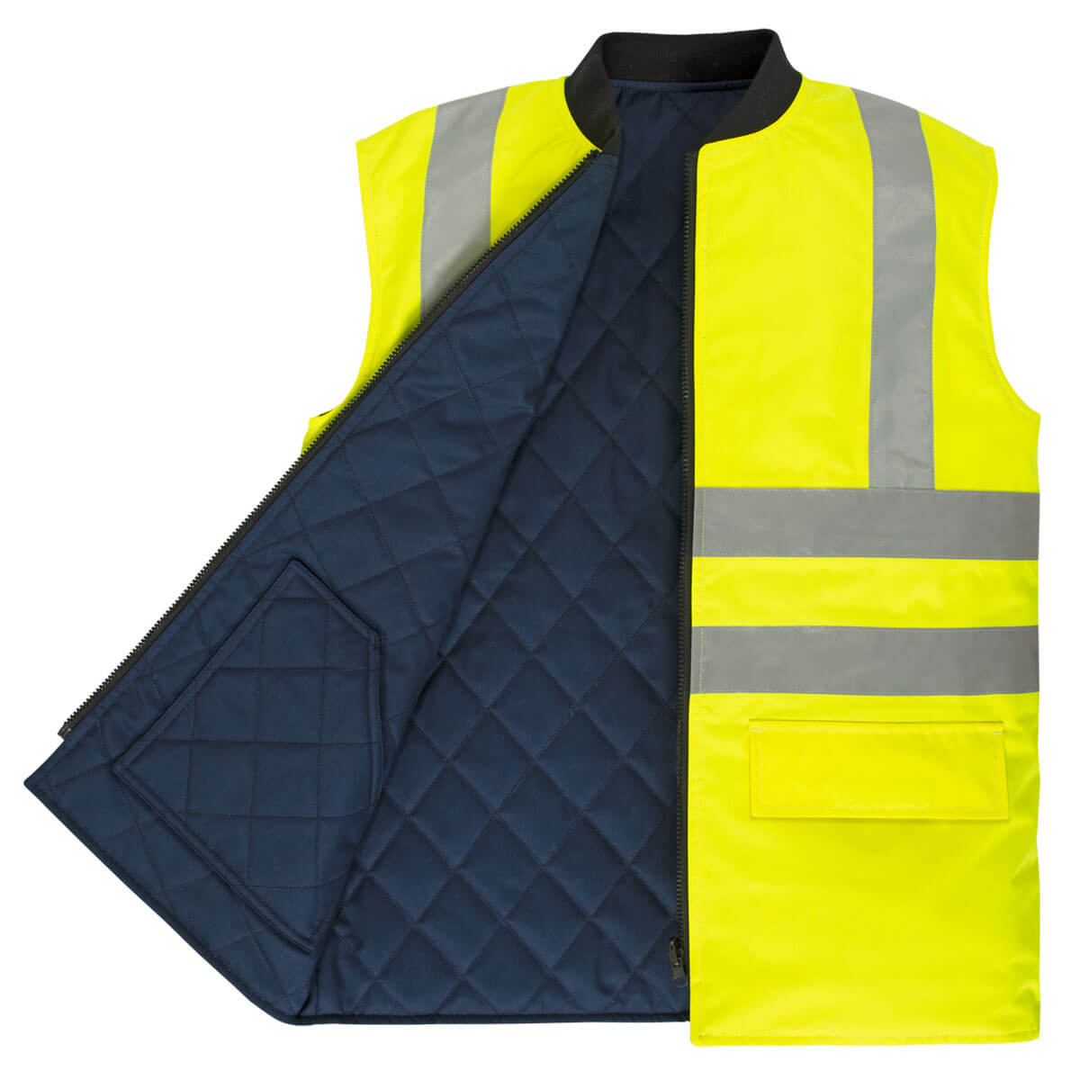 Wendeweste mit blauer Steppseite und gelber Warnseite, Reflektorstreifen