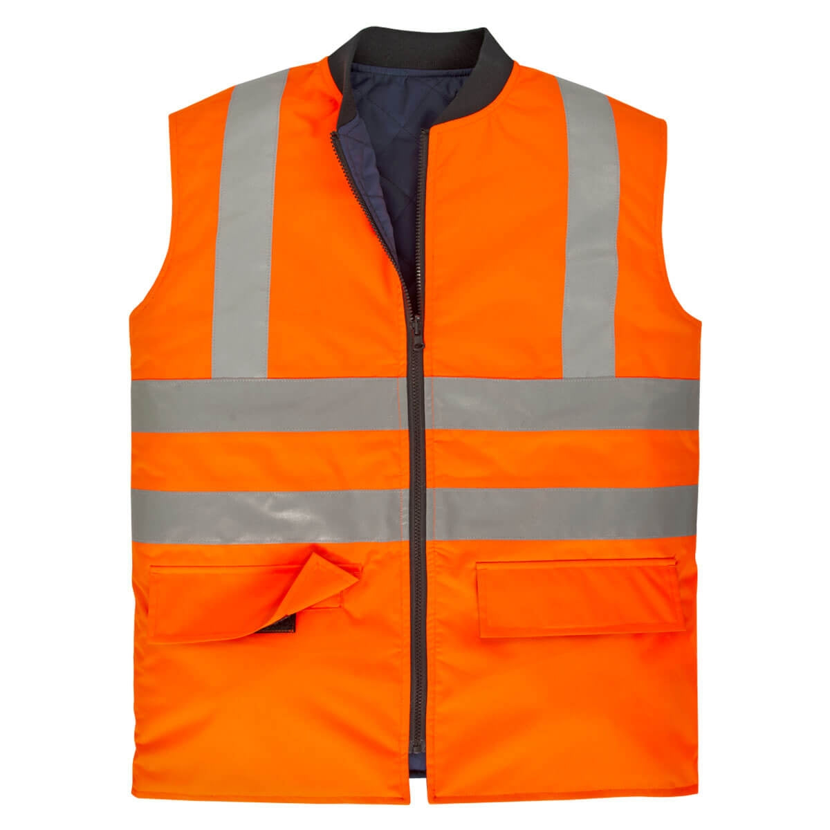 Warnschutz-Wendeweste, orange mit Reflexstreifen und Reißverschluss, ärmellos